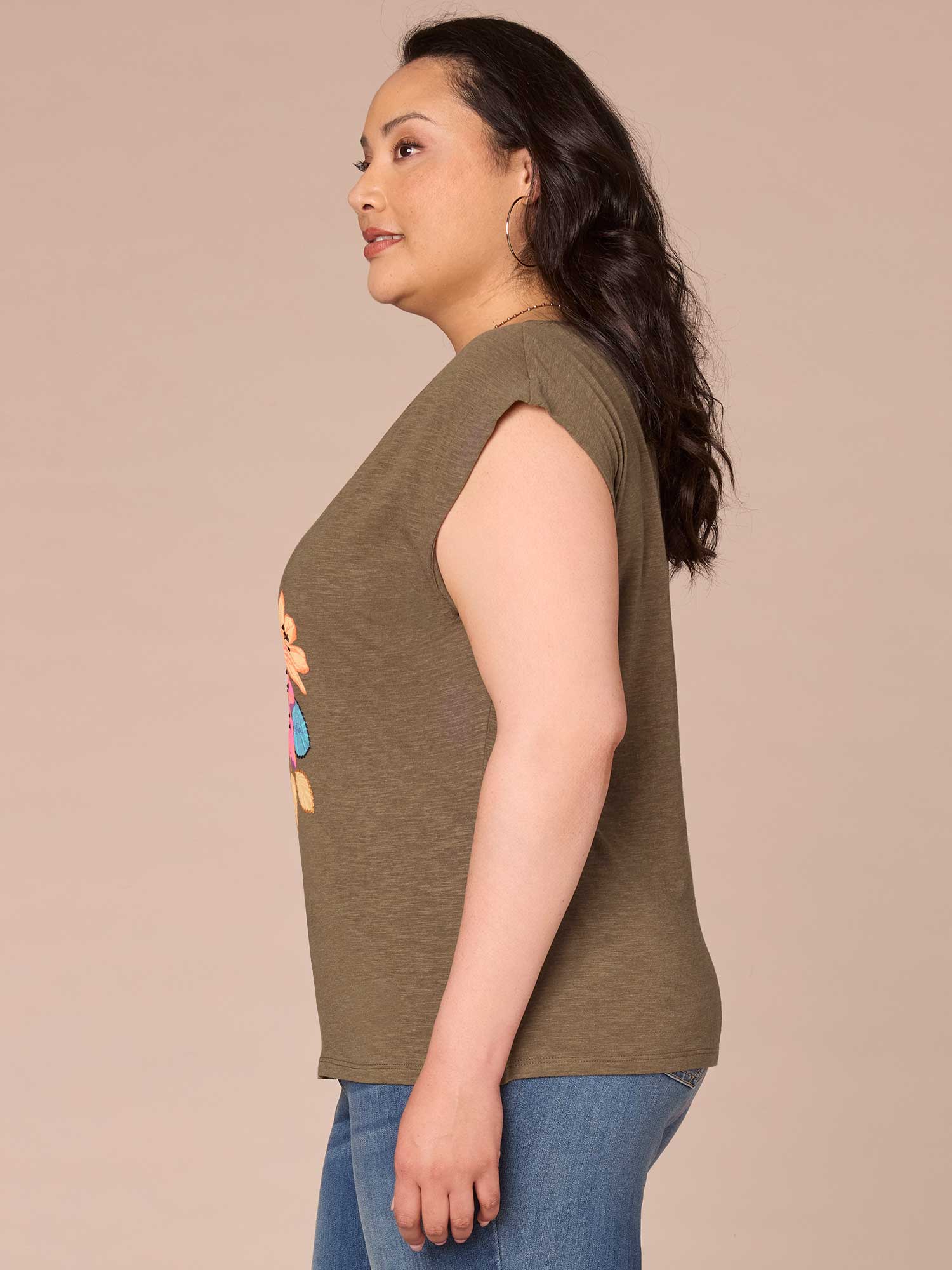 Cap Sleeve Scoop Neck Asymmetrical Ruching Printed Plus Size Knit Top