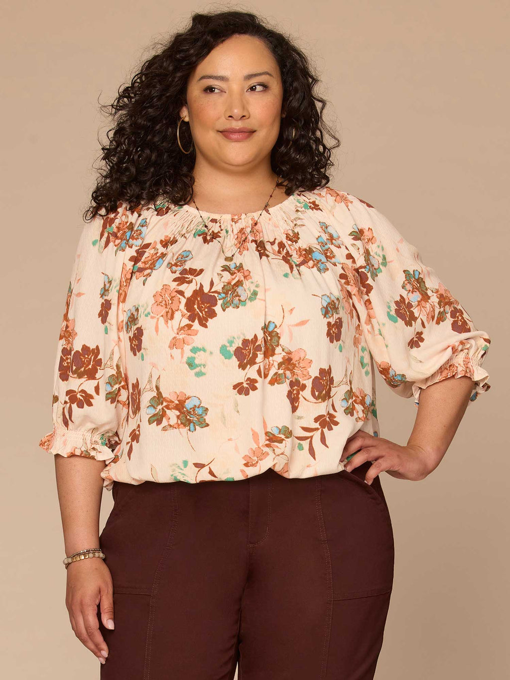 Blouson Sleeve Scoop Neck Bubble Hem Floral Print Plus Size Woven Top