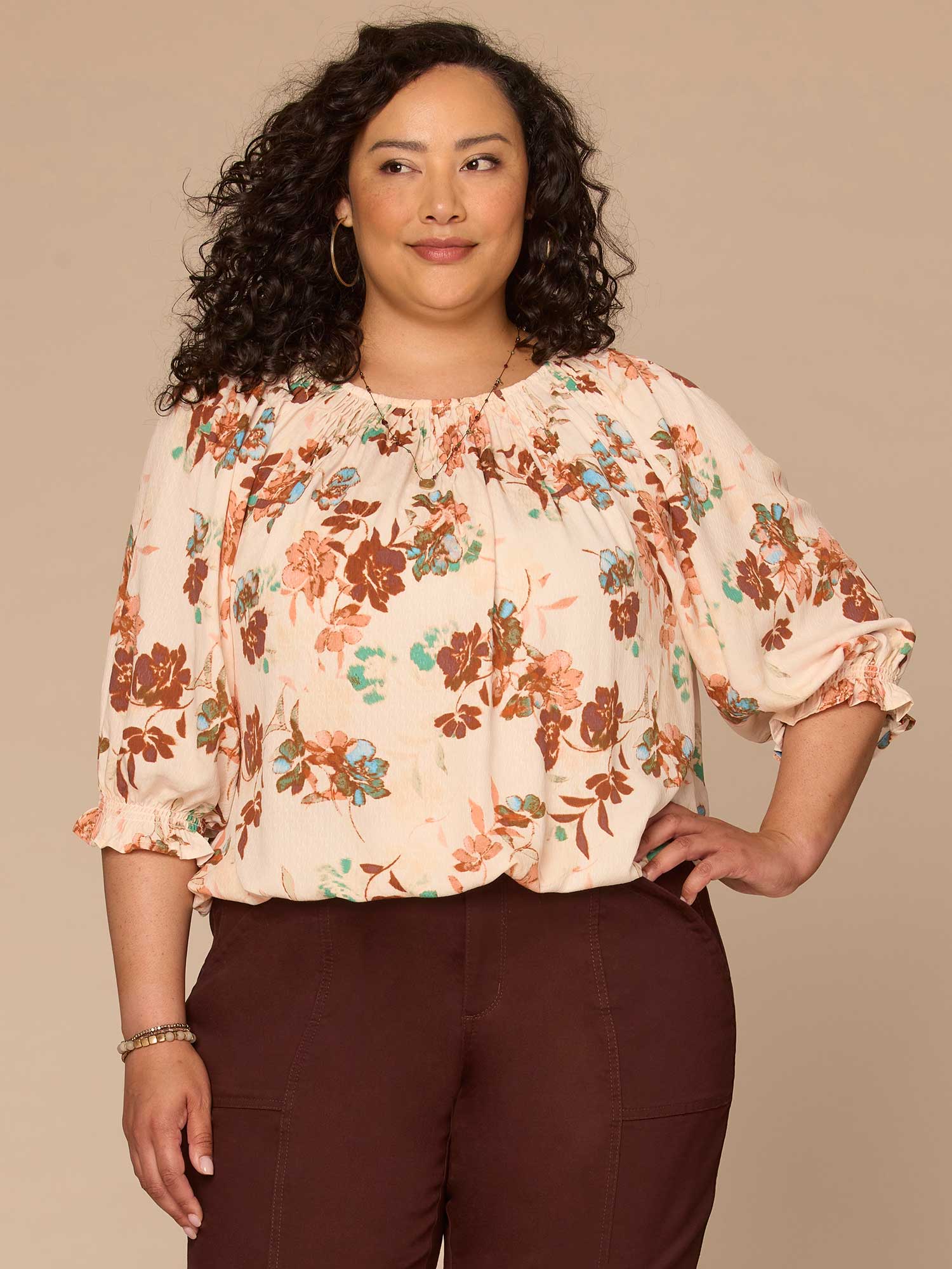 Blouson Sleeve Scoop Neck Bubble Hem Floral Print Plus Size Woven Top