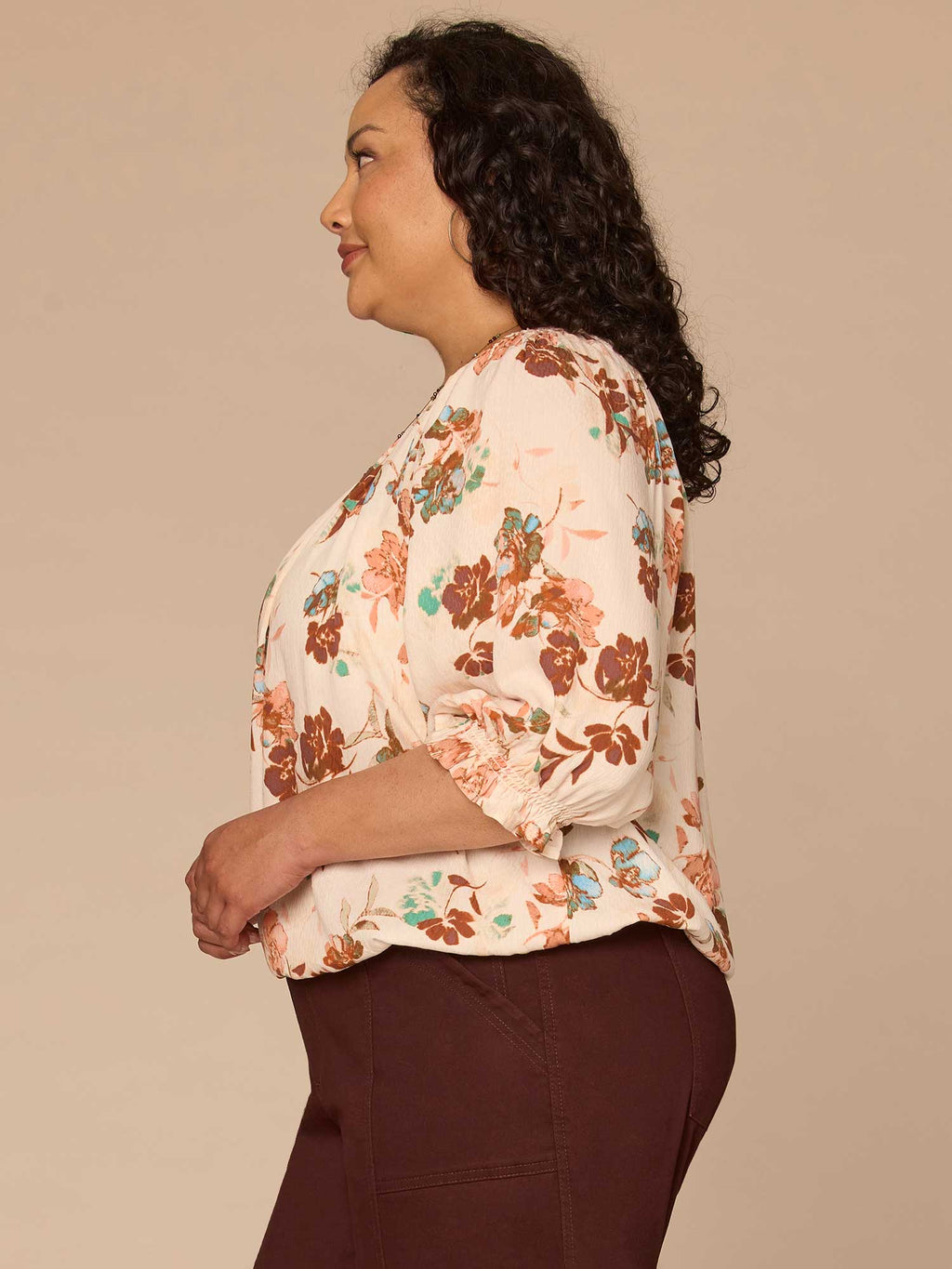 Blouson Sleeve Scoop Neck Bubble Hem Floral Print Plus Size Woven Top