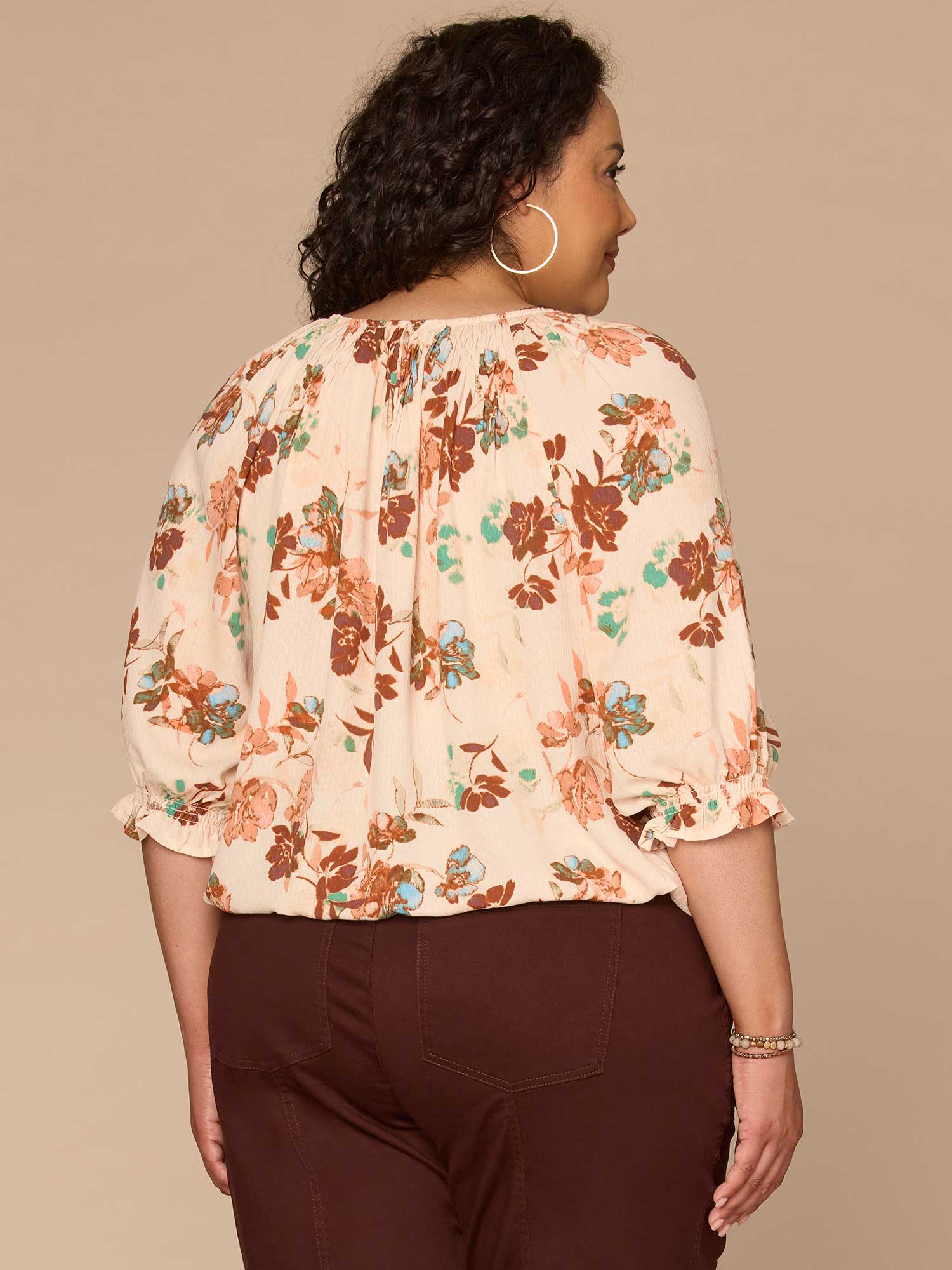 Blouson Sleeve Scoop Neck Bubble Hem Floral Print Plus Size Woven Top