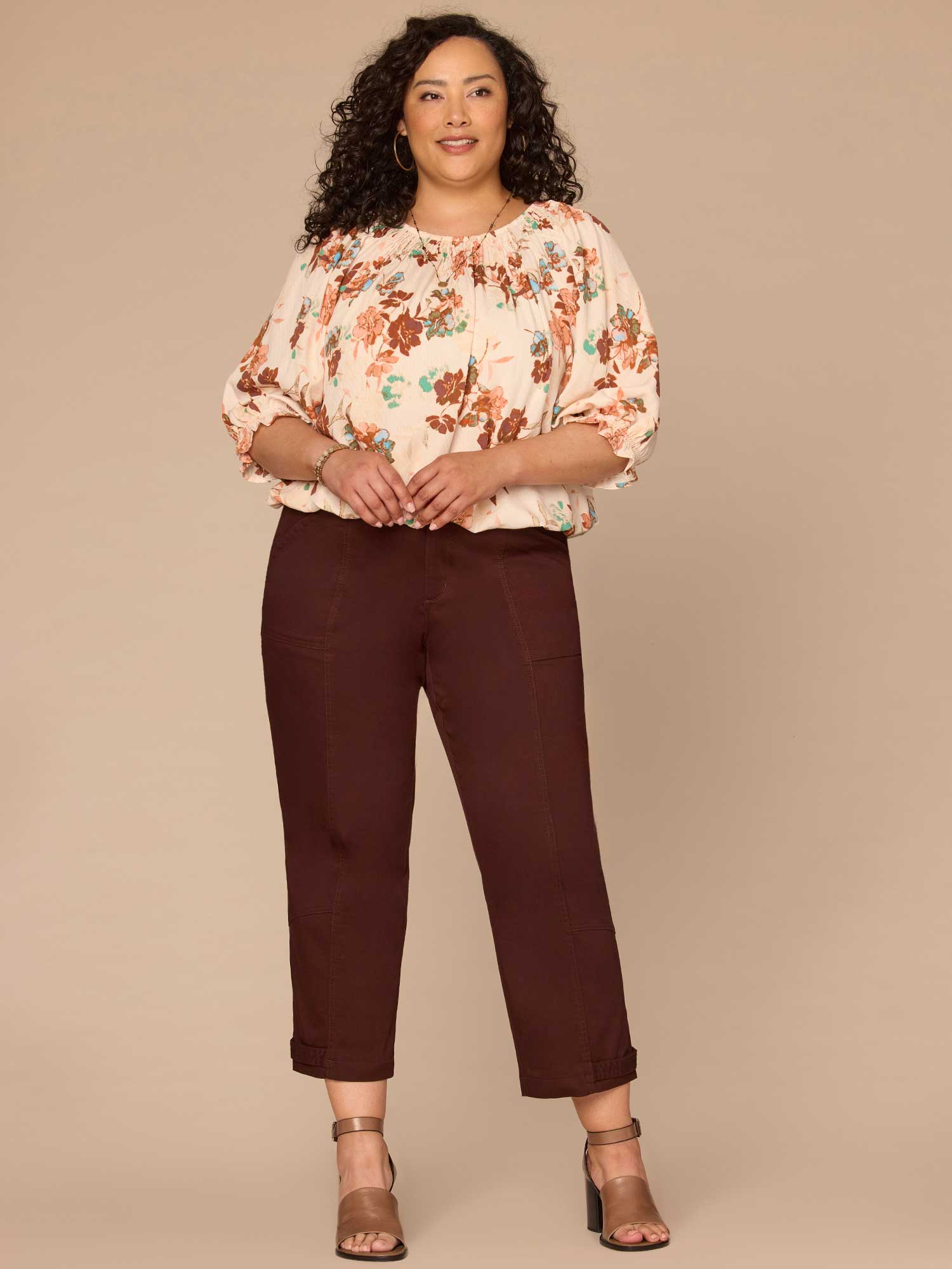 Blouson Sleeve Scoop Neck Bubble Hem Floral Print Plus Size Woven Top