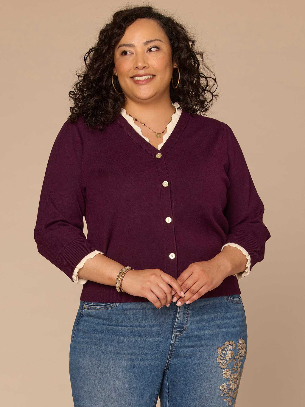 Double Layer Three Quarter Sleeve V-Neck Plus Size Sweater Cardigan