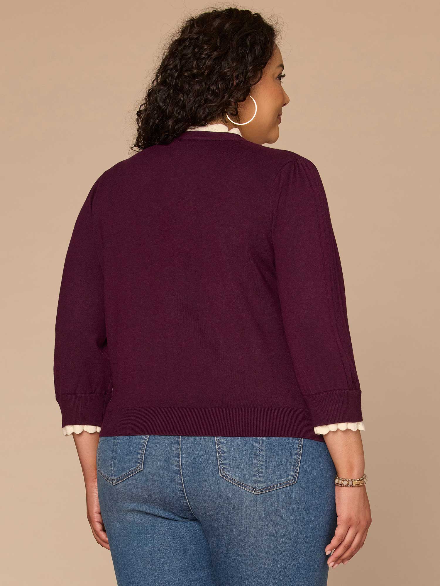 Double Layer Three Quarter Sleeve V-Neck Plus Size Sweater Cardigan