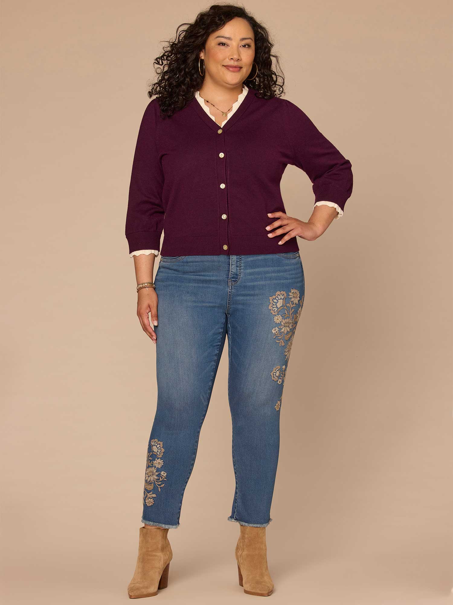 Double Layer Three Quarter Sleeve V-Neck Plus Size Sweater Cardigan