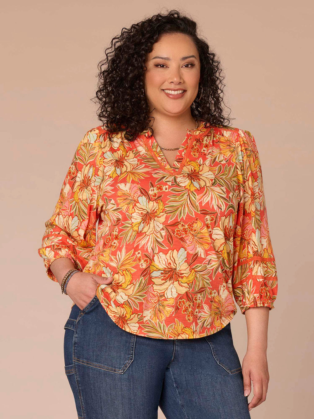 Blouson Sleeve Mandarin Collar Floral Print Plus Size Knit Top