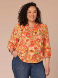 Blouson Sleeve Mandarin Collar Floral Print Plus Size Knit Top