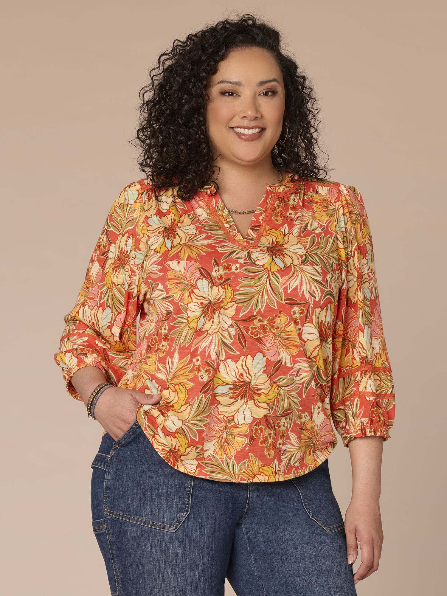 Blouson Sleeve Mandarin Collar Floral Print Plus Size Knit Top