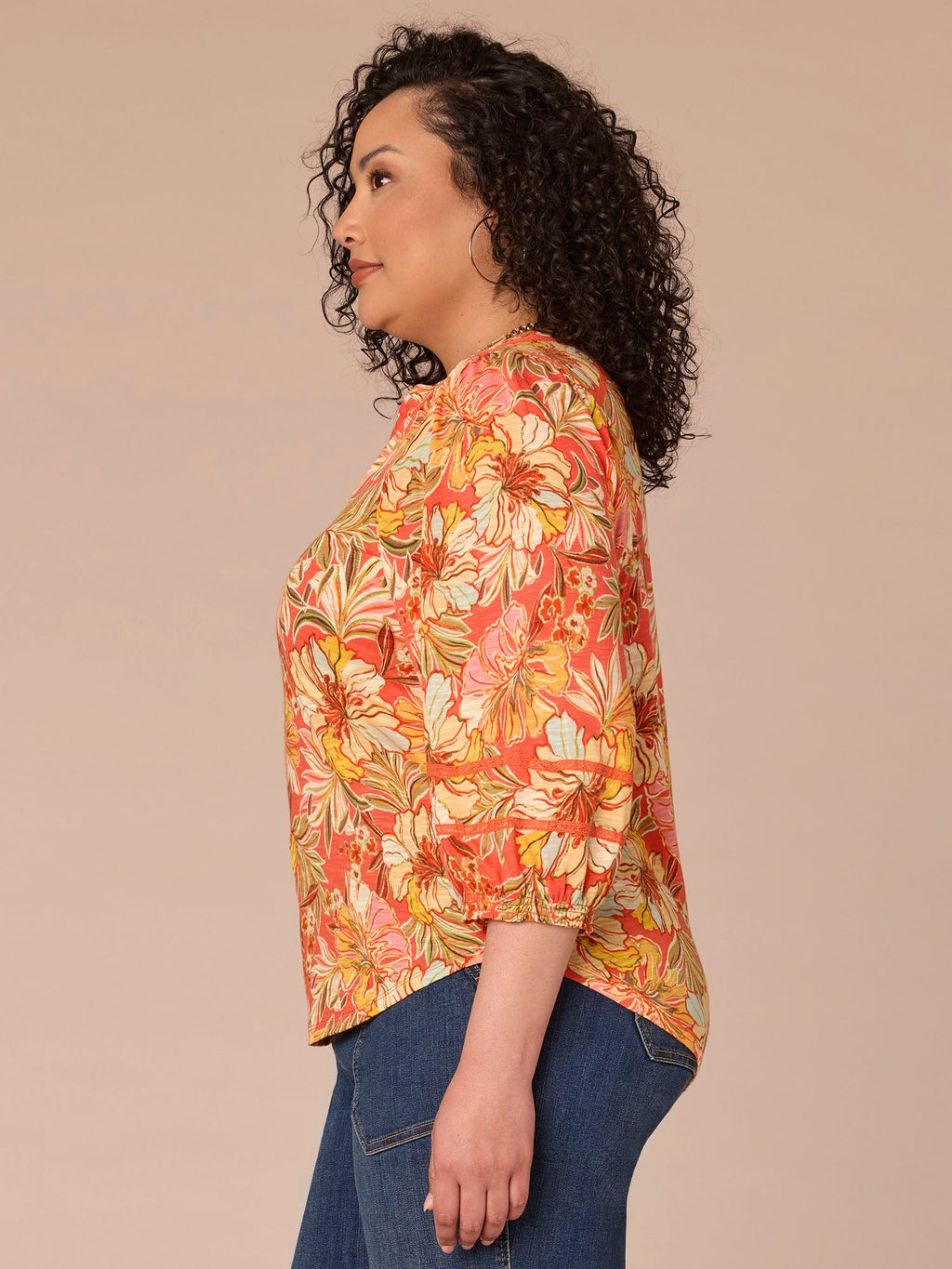 Blouson Sleeve Mandarin Collar Floral Print Plus Size Knit Top