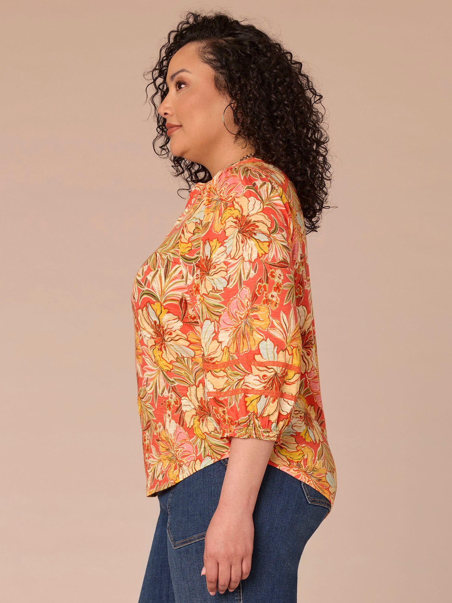 Blouson Sleeve Mandarin Collar Floral Print Plus Size Knit Top