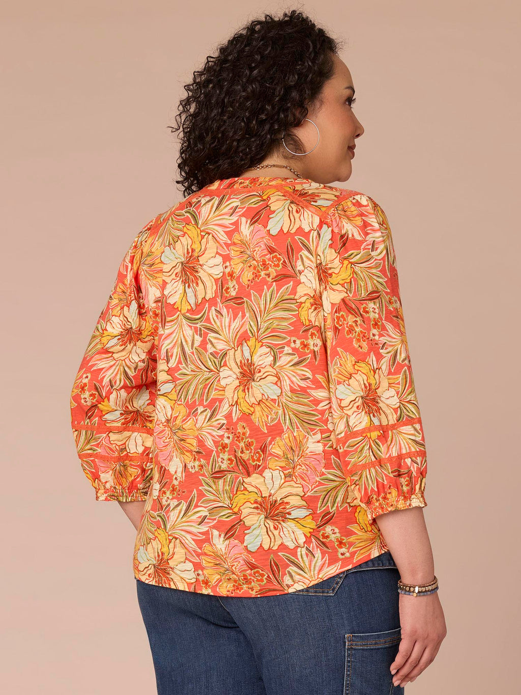 Blouson Sleeve Mandarin Collar Floral Print Plus Size Knit Top
