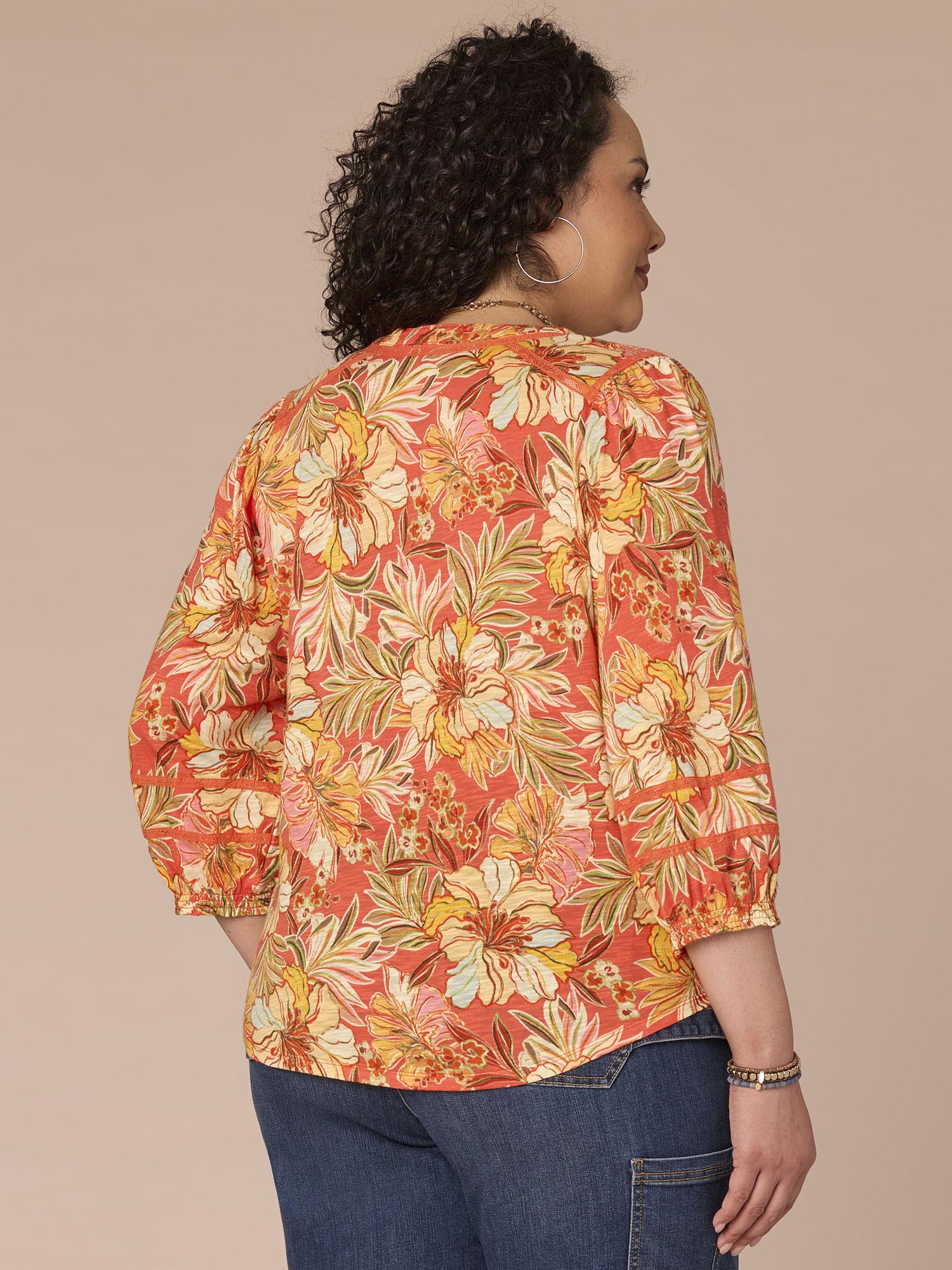 Blouson Sleeve Mandarin Collar Floral Print Plus Size Knit Top