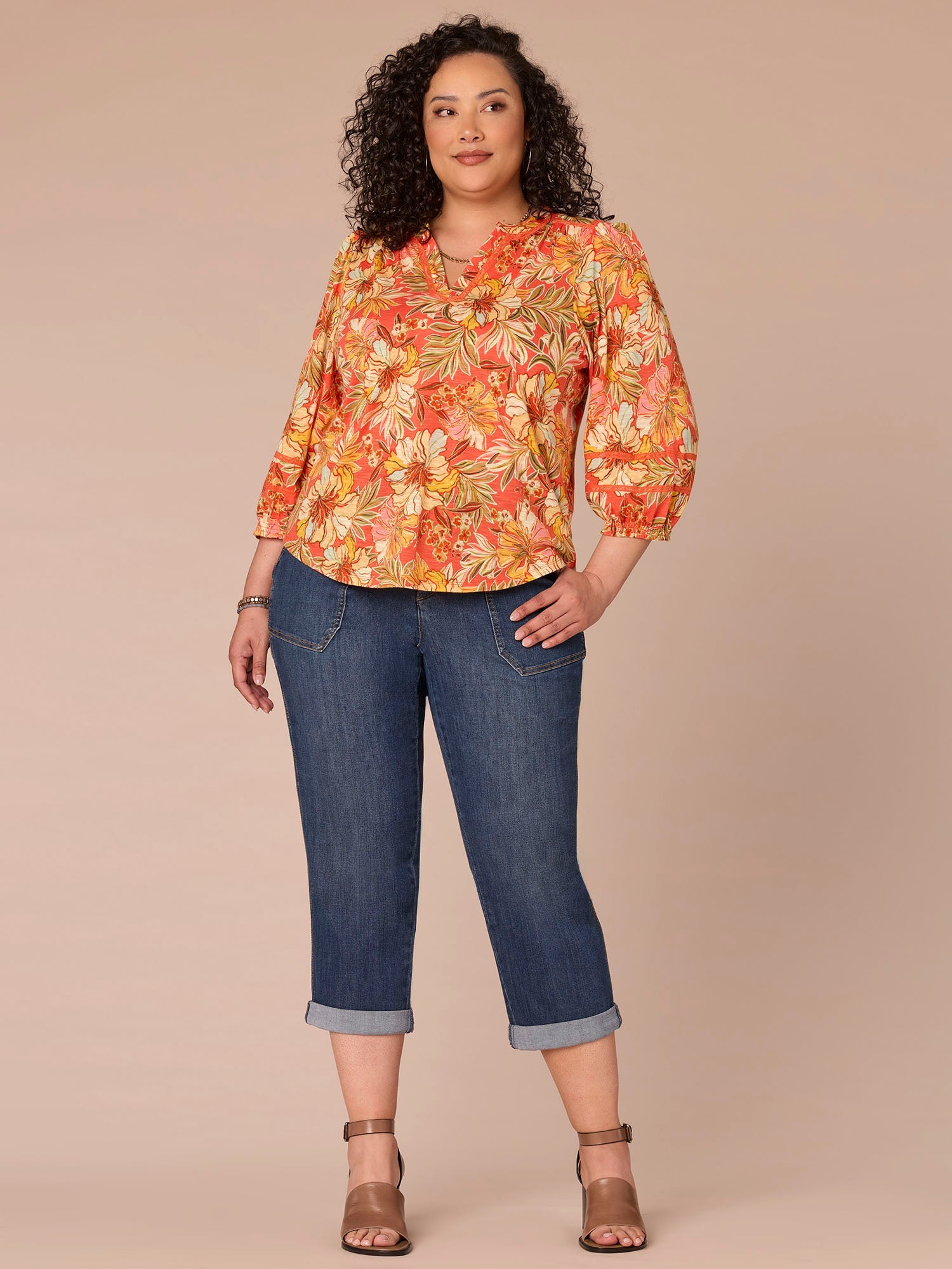 Blouson Sleeve Mandarin Collar Floral Print Plus Size Knit Top