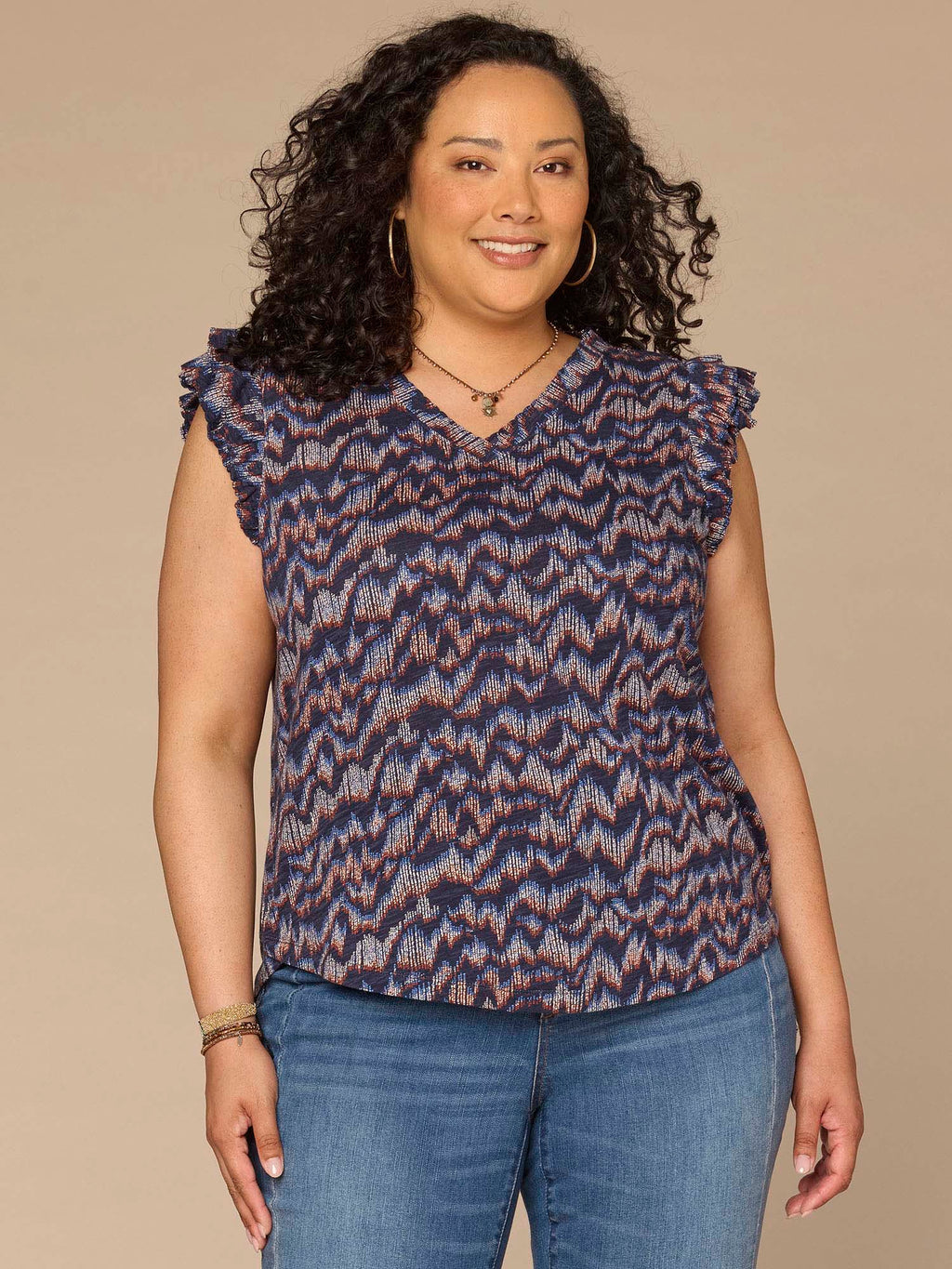 Double Ruffle Cap Sleeve Deep V-Neck Abstract Print Plus Size Knit Top
