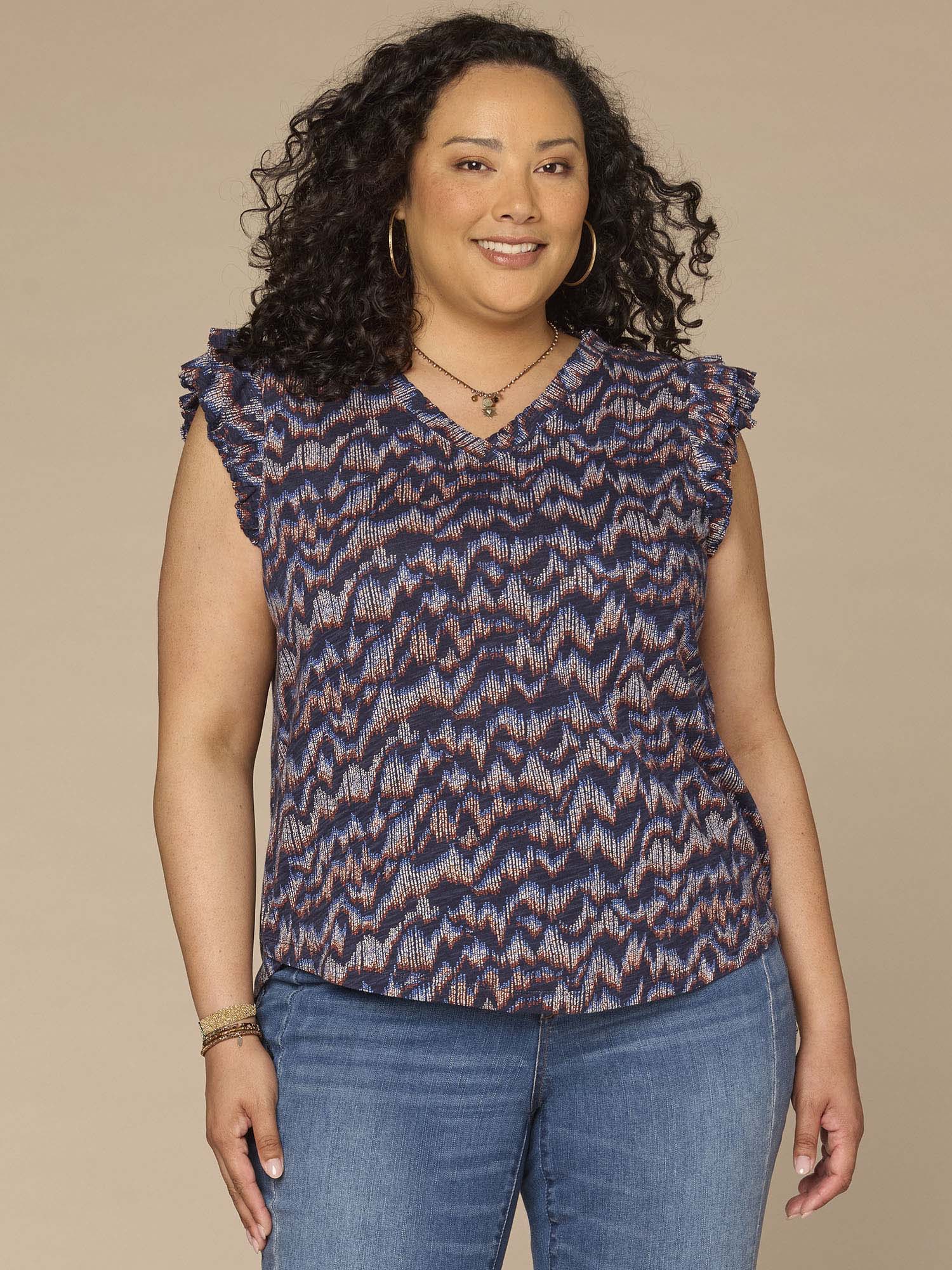 Double Ruffle Cap Sleeve Deep V-Neck Abstract Print Plus Size Knit Top