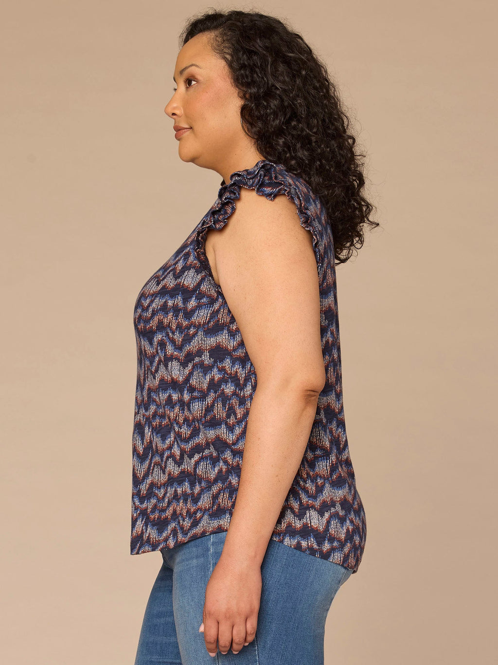 Double Ruffle Cap Sleeve Deep V-Neck Abstract Print Plus Size Knit Top
