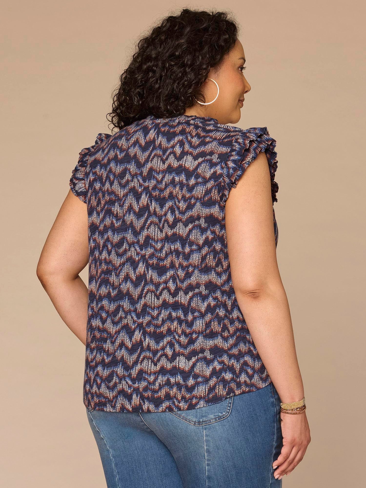 Double Ruffle Cap Sleeve Deep V-Neck Abstract Print Plus Size Knit Top