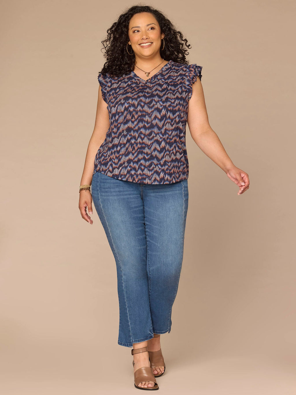 Double Ruffle Cap Sleeve Deep V-Neck Abstract Print Plus Size Knit Top
