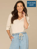 Elbow Blouson Sleeve Scallop V-Neck Smocked Plus Size Knit Top
