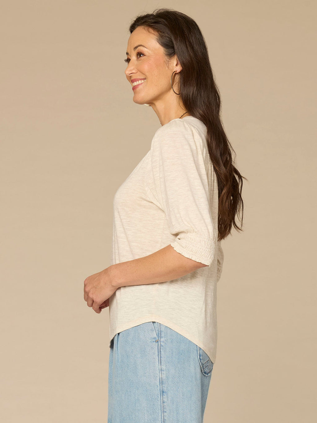 Elbow Blouson Sleeve Scallop V-Neck Smocked Plus Size Knit Top