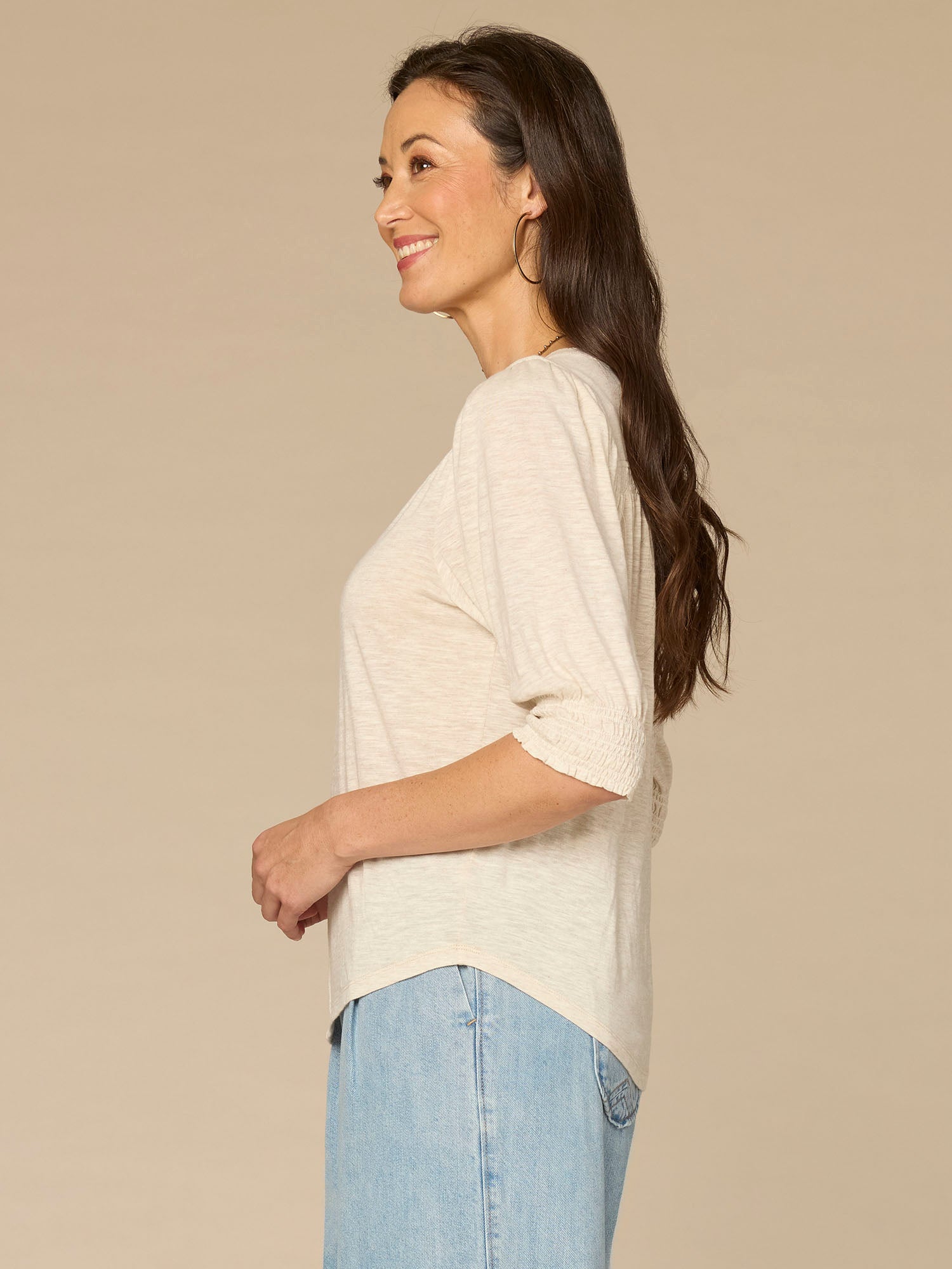 Elbow Blouson Sleeve Scallop V-Neck Smocked Plus Size Knit Top