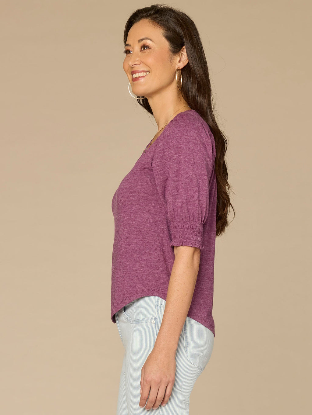 Elbow Blouson Sleeve Scallop V-Neck Smocked Plus Size Knit Top
