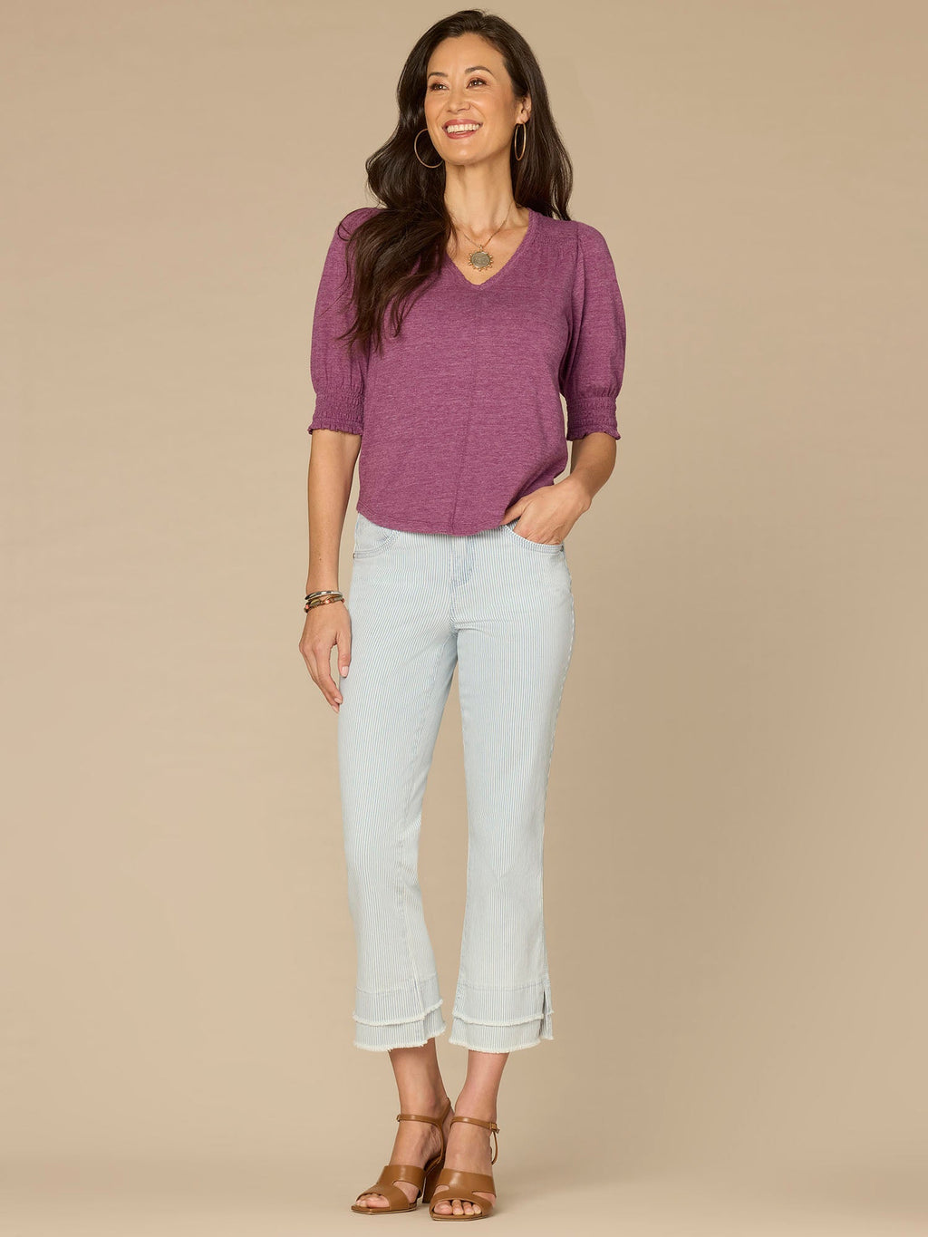 Elbow Blouson Sleeve Scallop V-Neck Smocked Plus Size Knit Top
