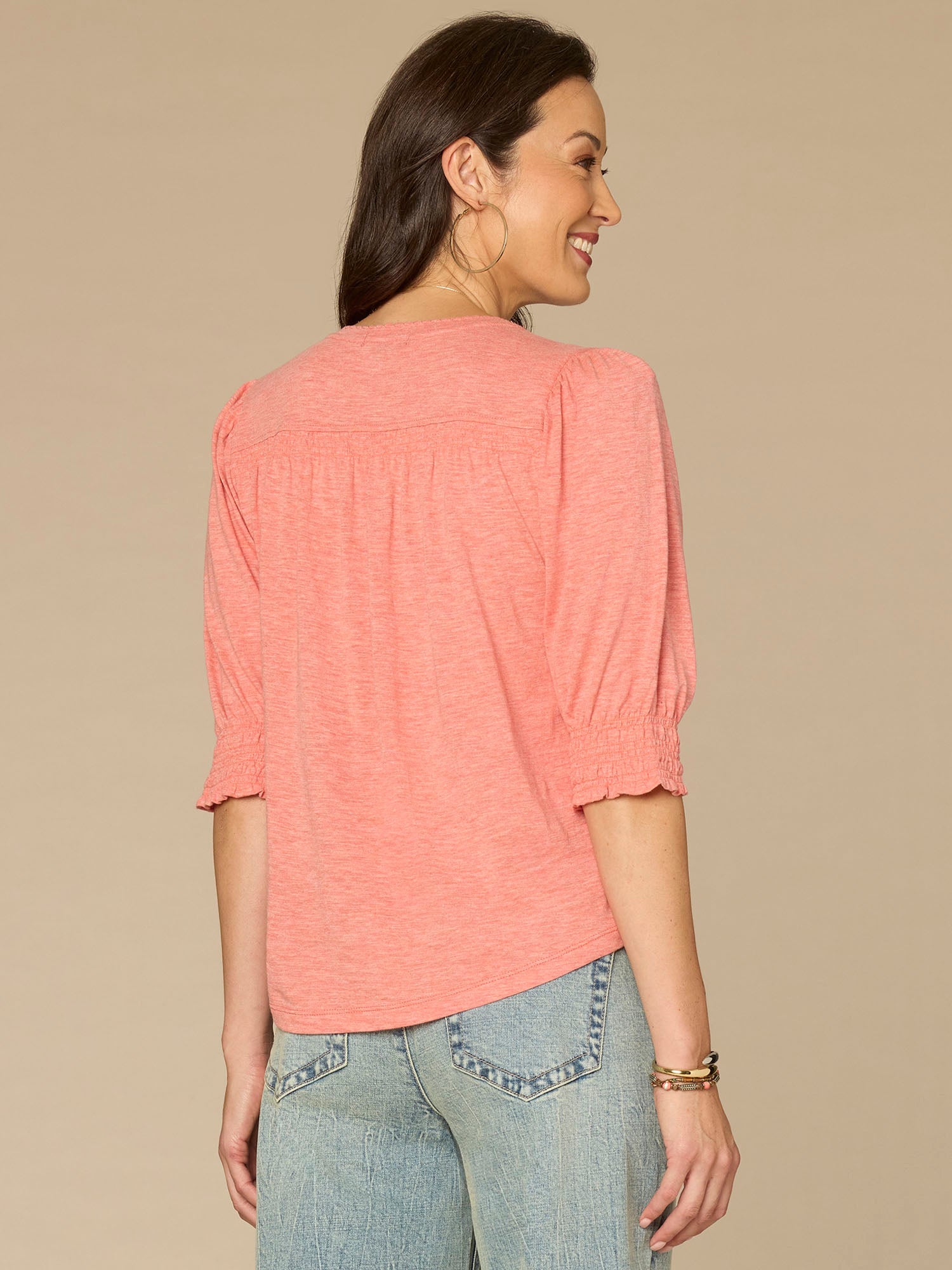 Elbow Blouson Sleeve Scallop V-Neck Smocked Plus Size Knit Top