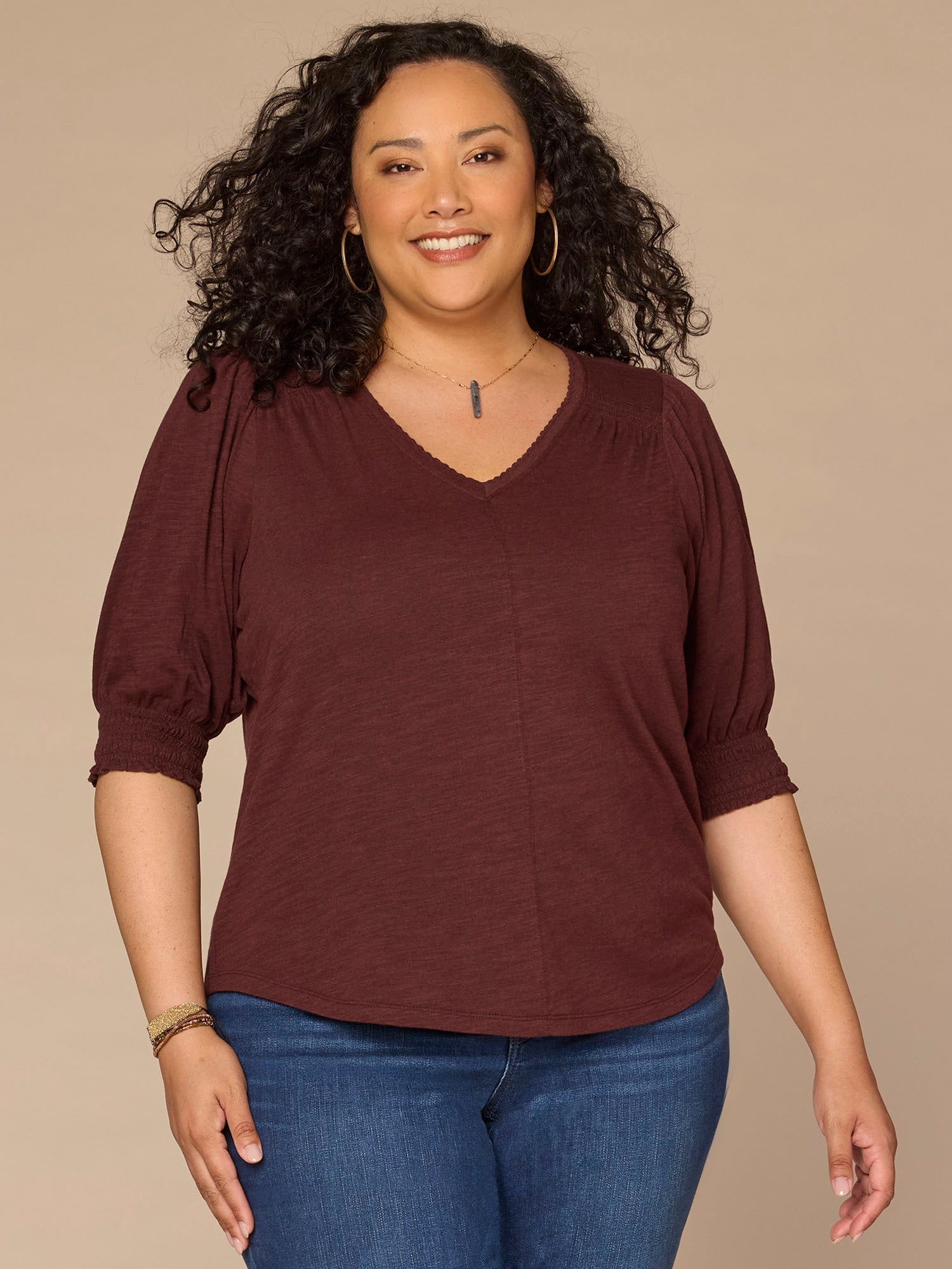 Elbow Blouson Sleeve Scallop V-Neck Smocked Knit Top