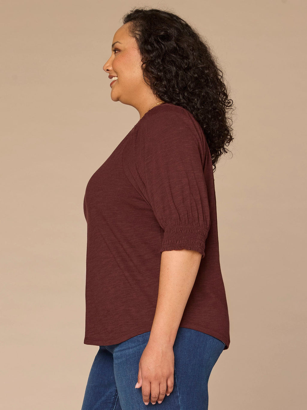 Elbow Blouson Sleeve Scallop V-Neck Smocked Knit Top
