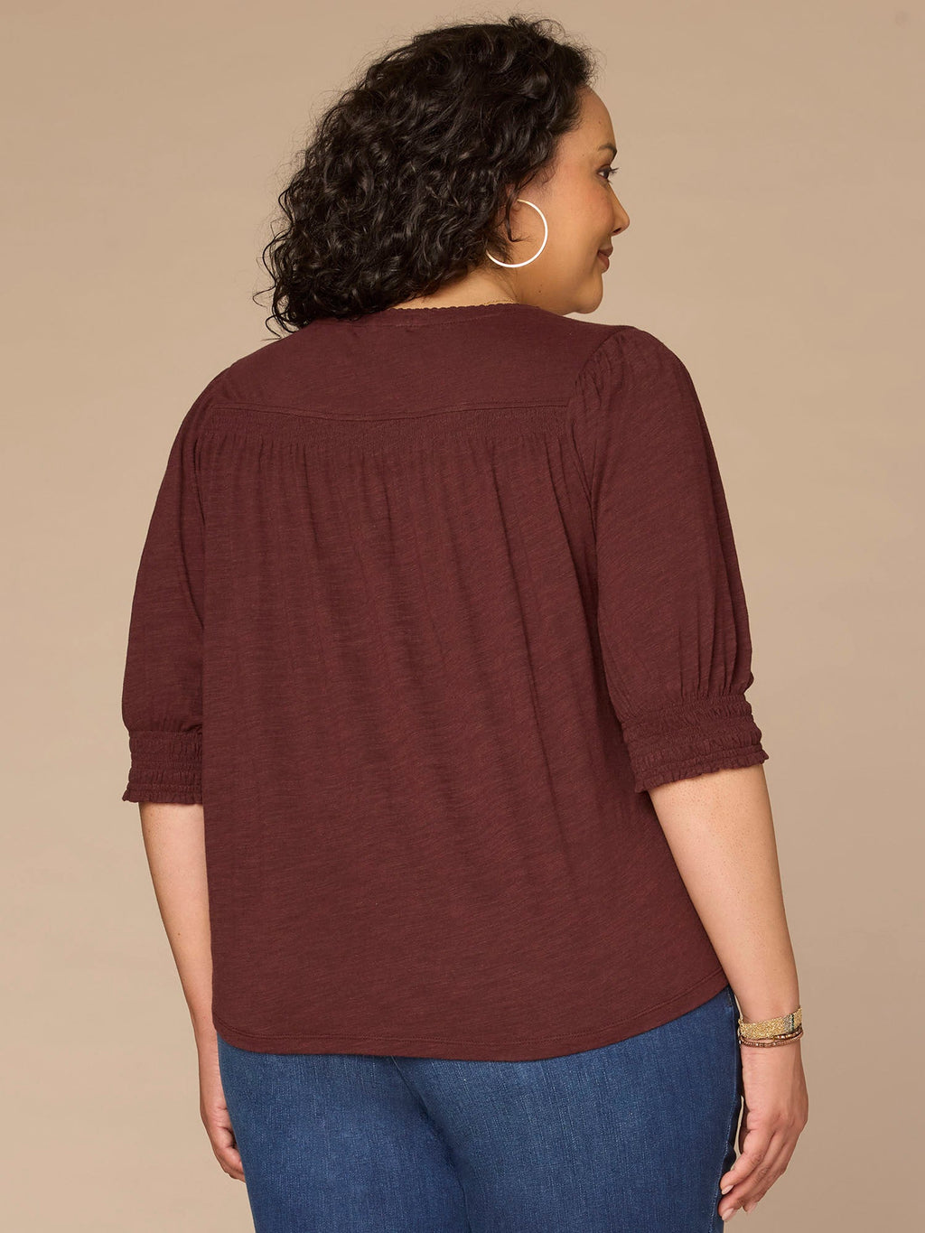Elbow Blouson Sleeve Scallop V-Neck Smocked Knit Top