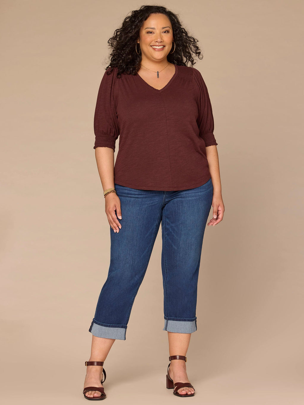Elbow Blouson Sleeve Scallop V-Neck Smocked Knit Top