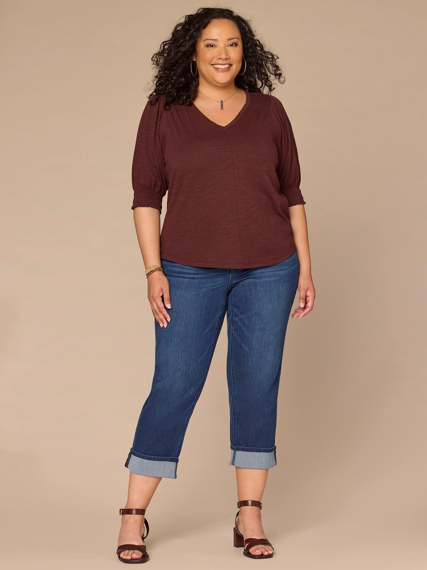Elbow Blouson Sleeve Scallop V-Neck Smocked Knit Top