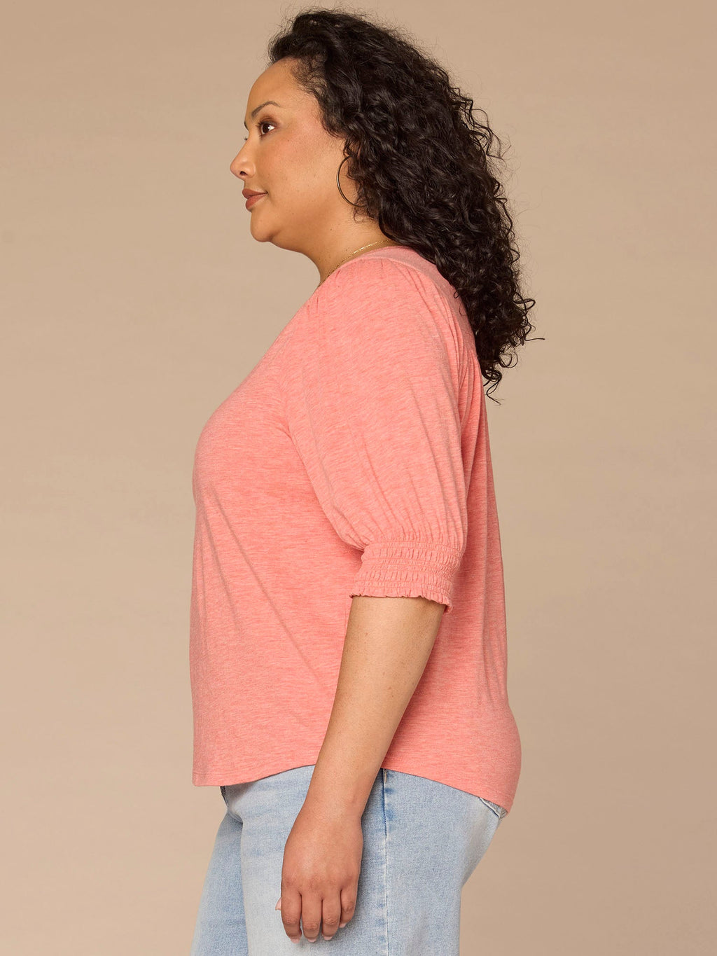 Elbow Blouson Sleeve Scallop V-Neck Smocked Knit Top