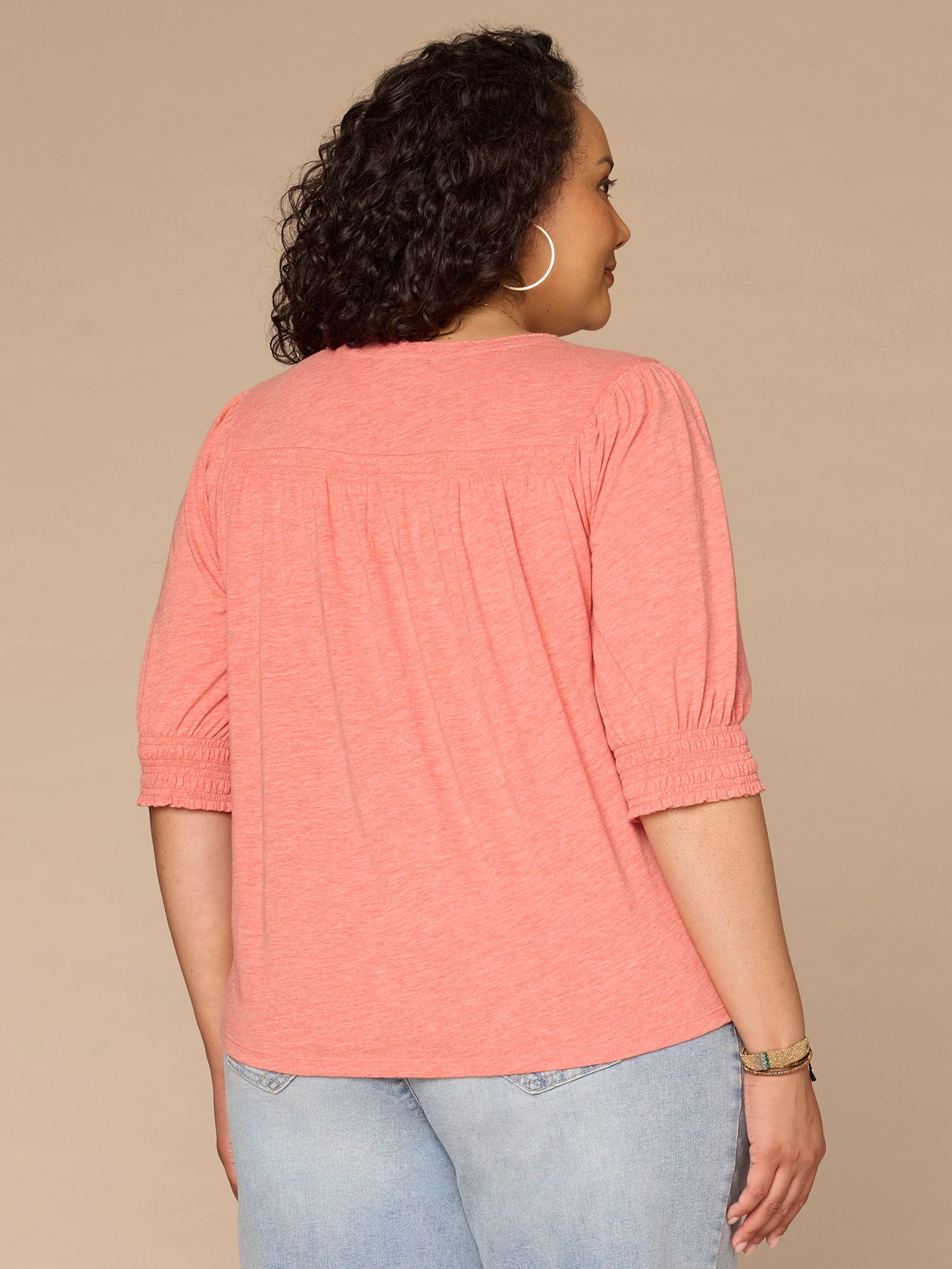 Elbow Blouson Sleeve Scallop V-Neck Smocked Knit Top