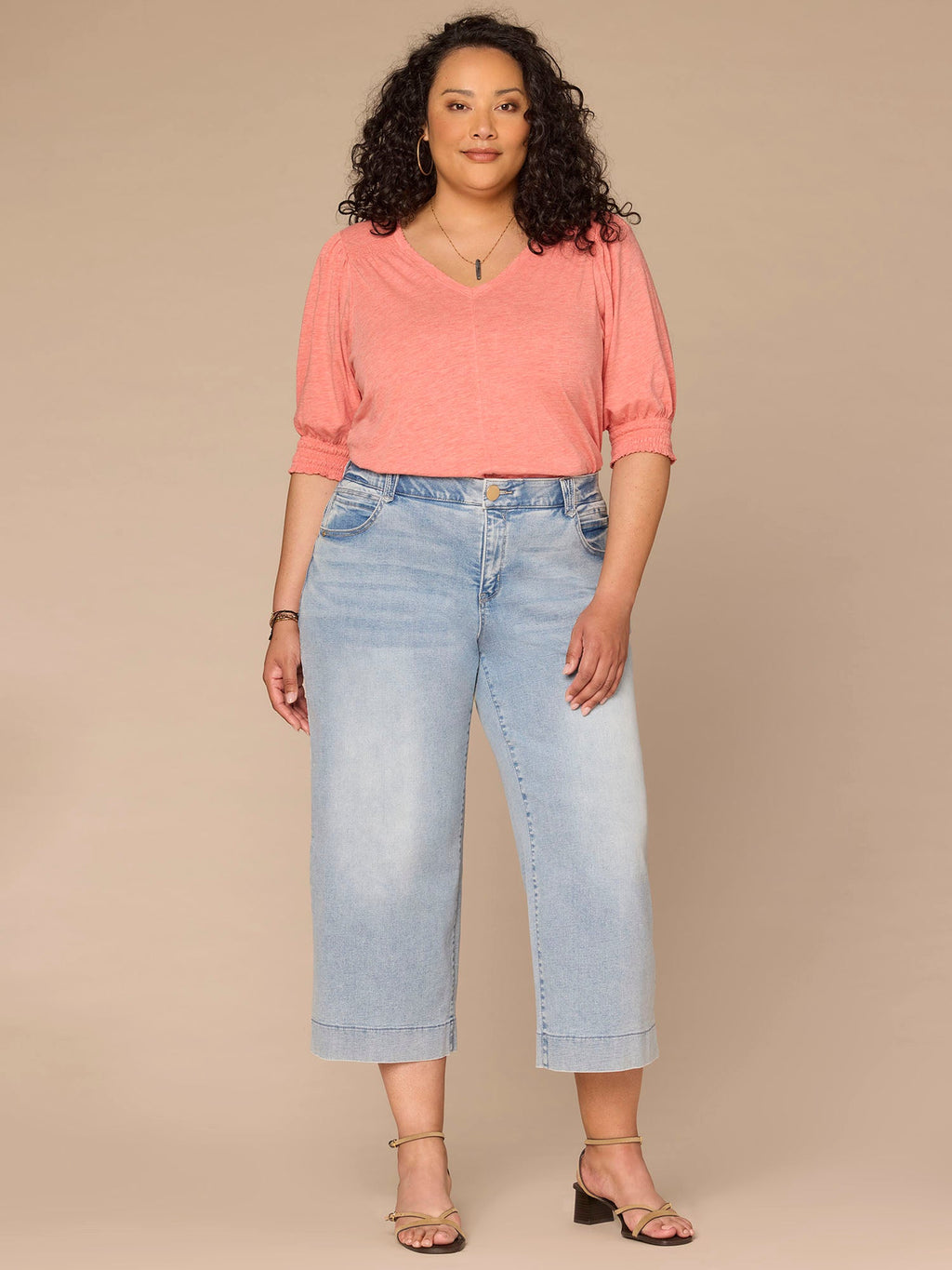 Elbow Blouson Sleeve Scallop V-Neck Smocked Knit Top