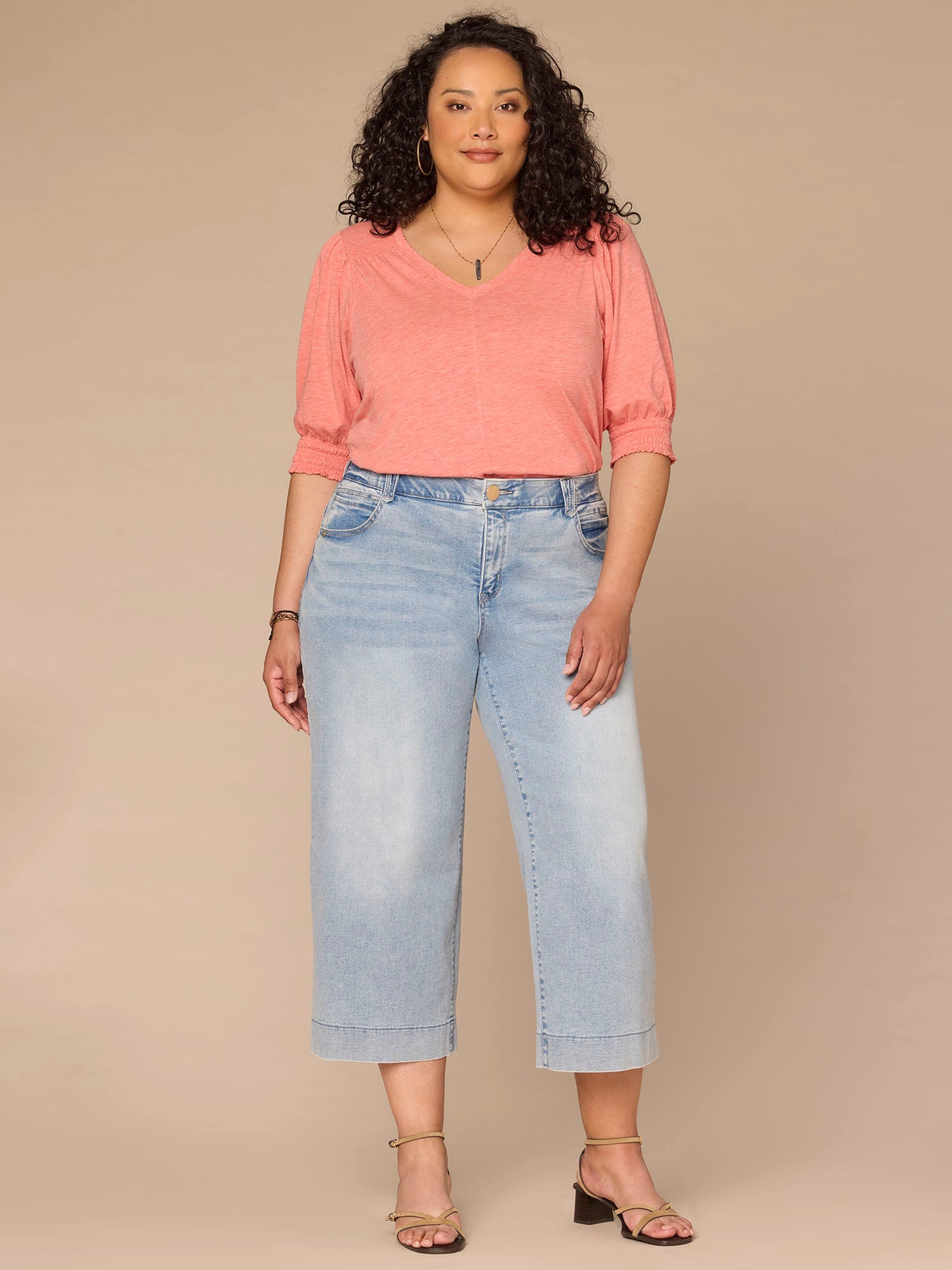 Elbow Blouson Sleeve Scallop V-Neck Smocked Knit Top