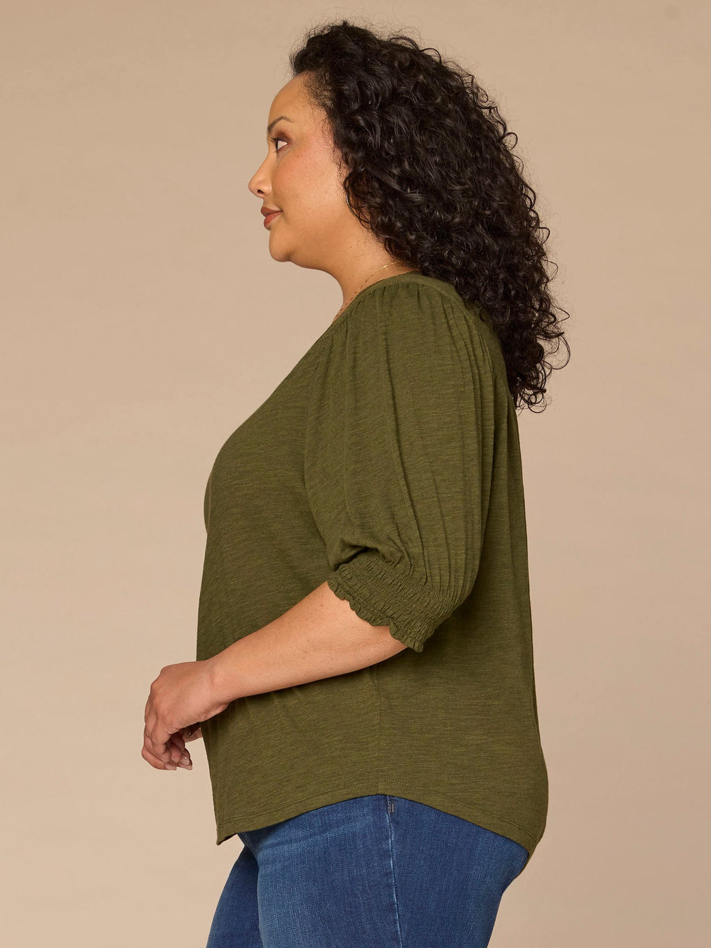 Elbow Blouson Sleeve Scallop V-Neck Smocked Knit Top