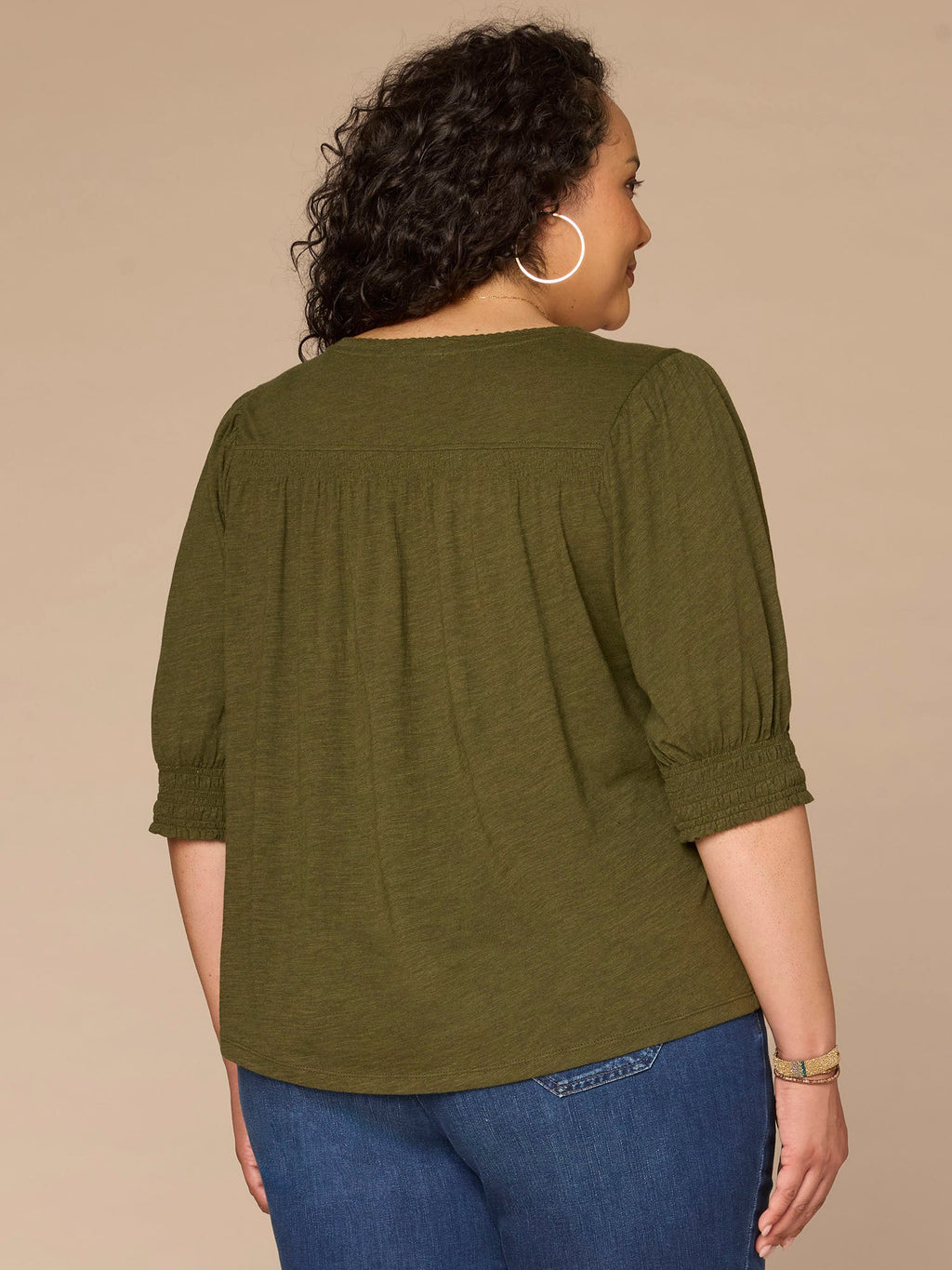 Elbow Blouson Sleeve Scallop V-Neck Smocked Knit Top