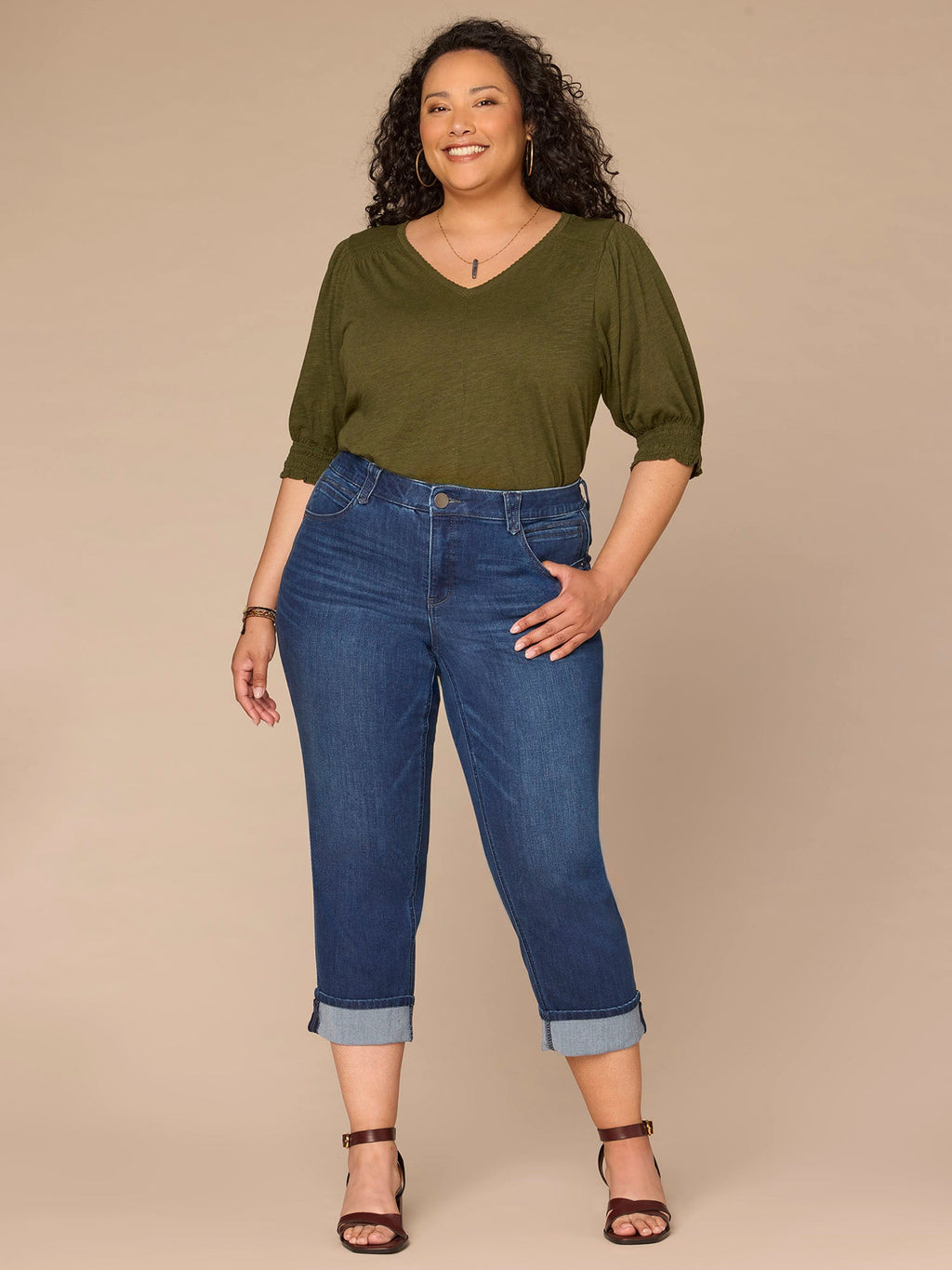 Elbow Blouson Sleeve Scallop V-Neck Smocked Knit Top