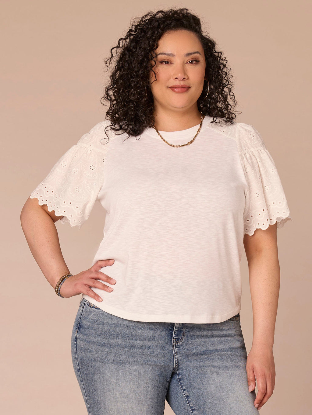 Elbow Puff Sleeve Scoop Neck Mixed Media Plus Size Knit Top