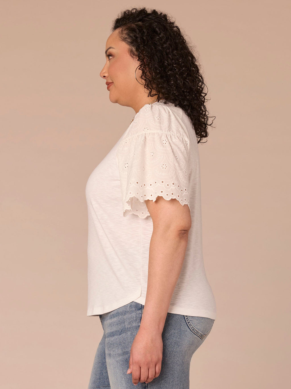 Elbow Puff Sleeve Scoop Neck Mixed Media Plus Size Knit Top