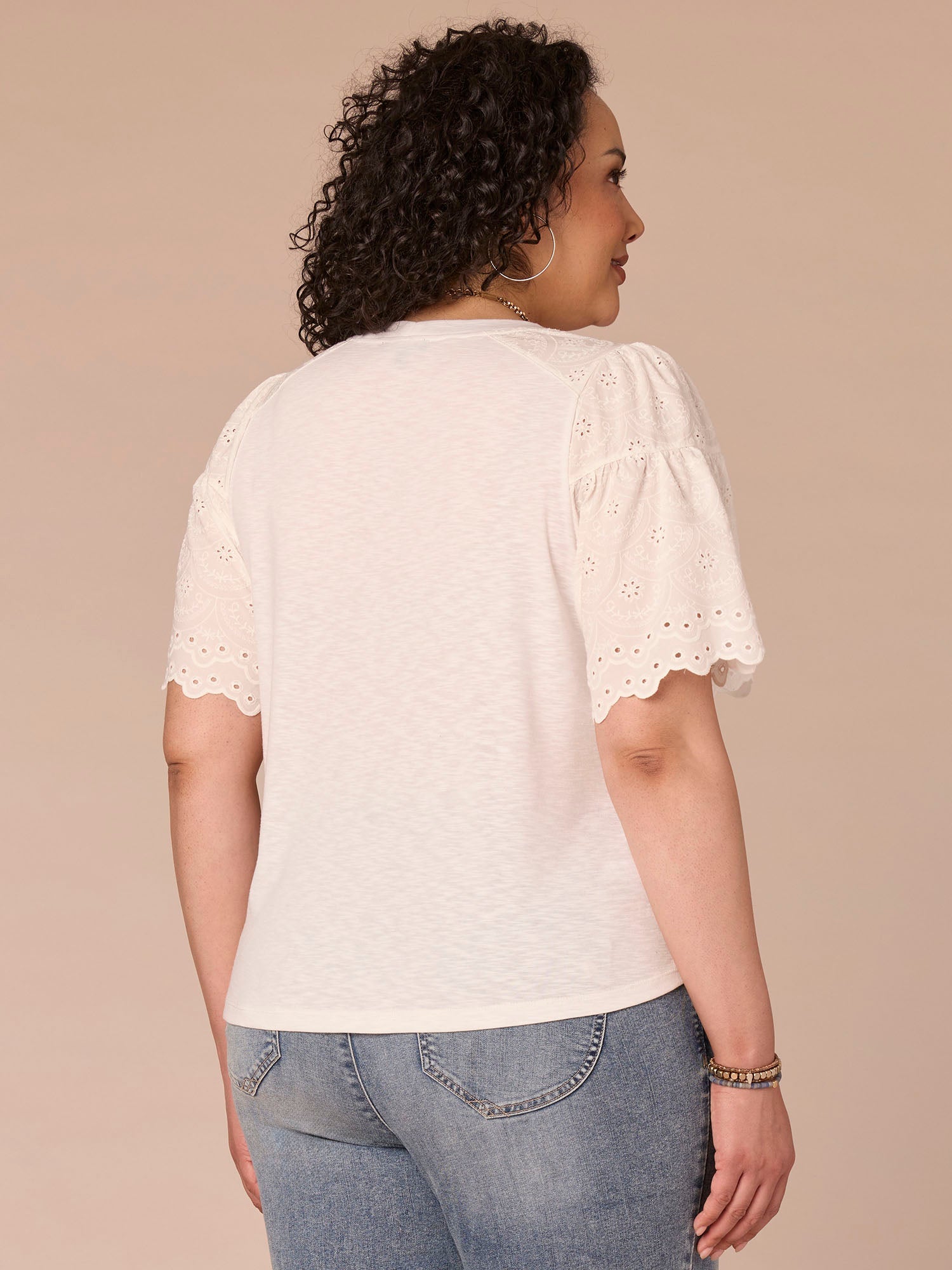 Elbow Puff Sleeve Scoop Neck Mixed Media Plus Size Knit Top