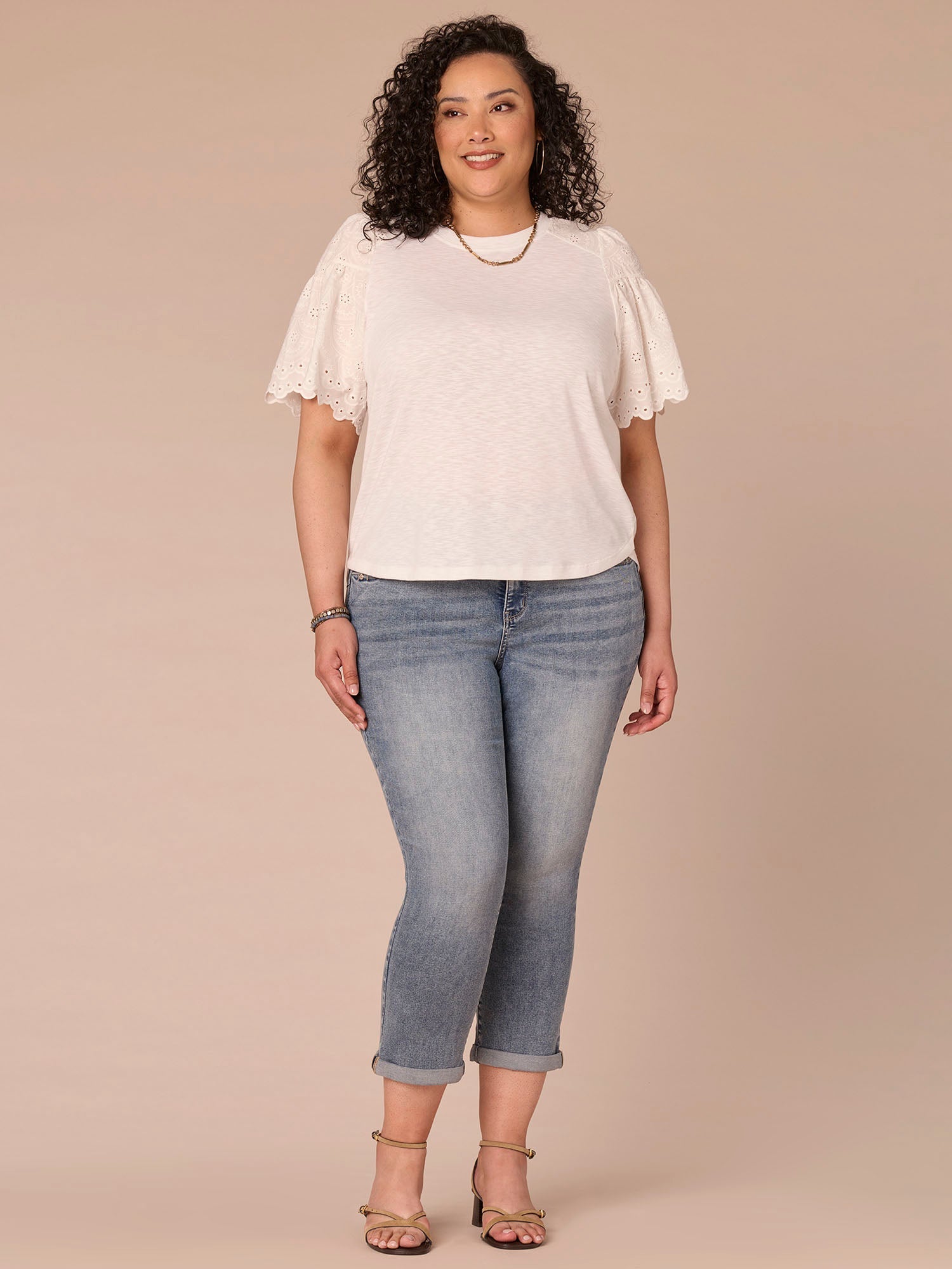 Elbow Puff Sleeve Scoop Neck Mixed Media Plus Size Knit Top