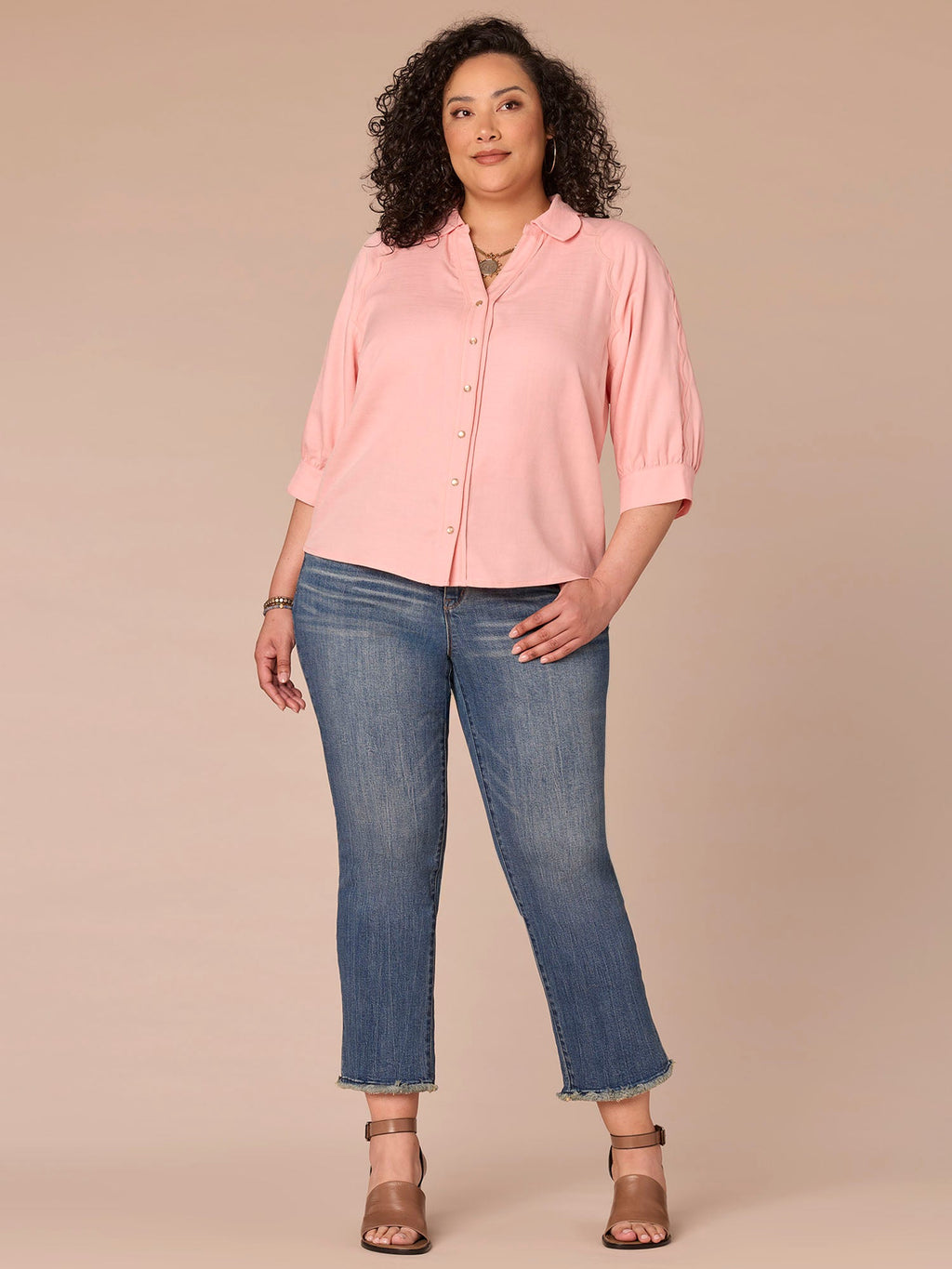 Below Elbow V-Neck Snap Front Plus Size Woven Shirt with Scallop Edge