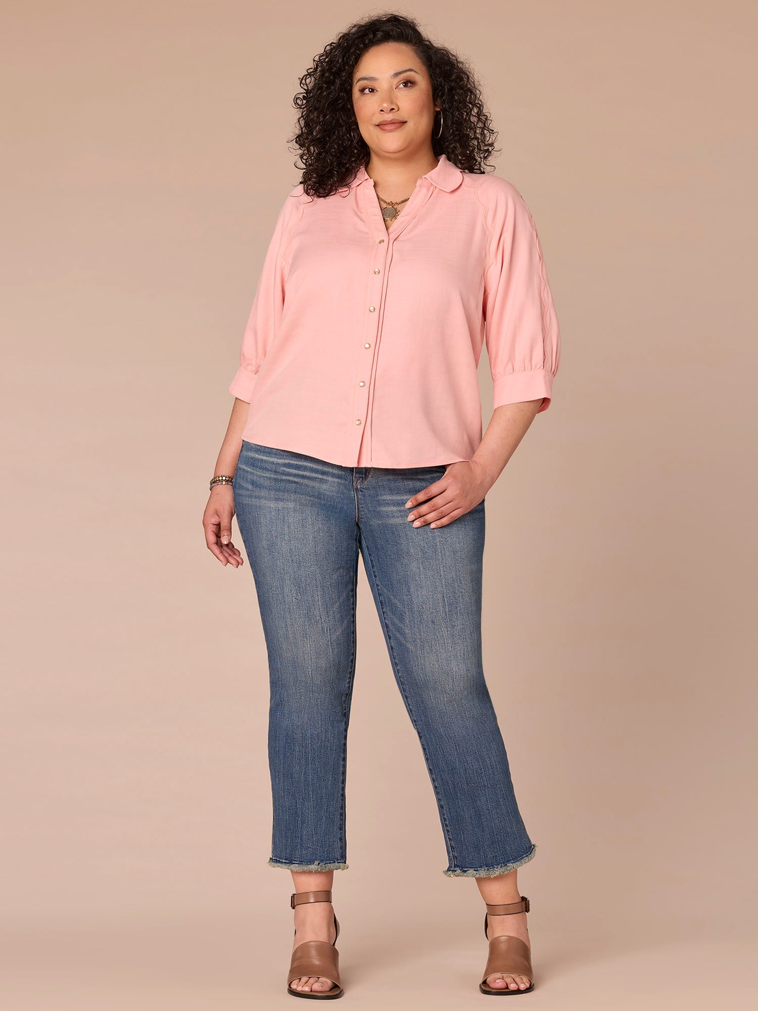 Below Elbow V-Neck Snap Front Plus Size Woven Shirt with Scallop Edge