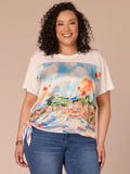 Elbow Sleeve Scoop Neck Side Tie Placement Print Plus Size Knit Top