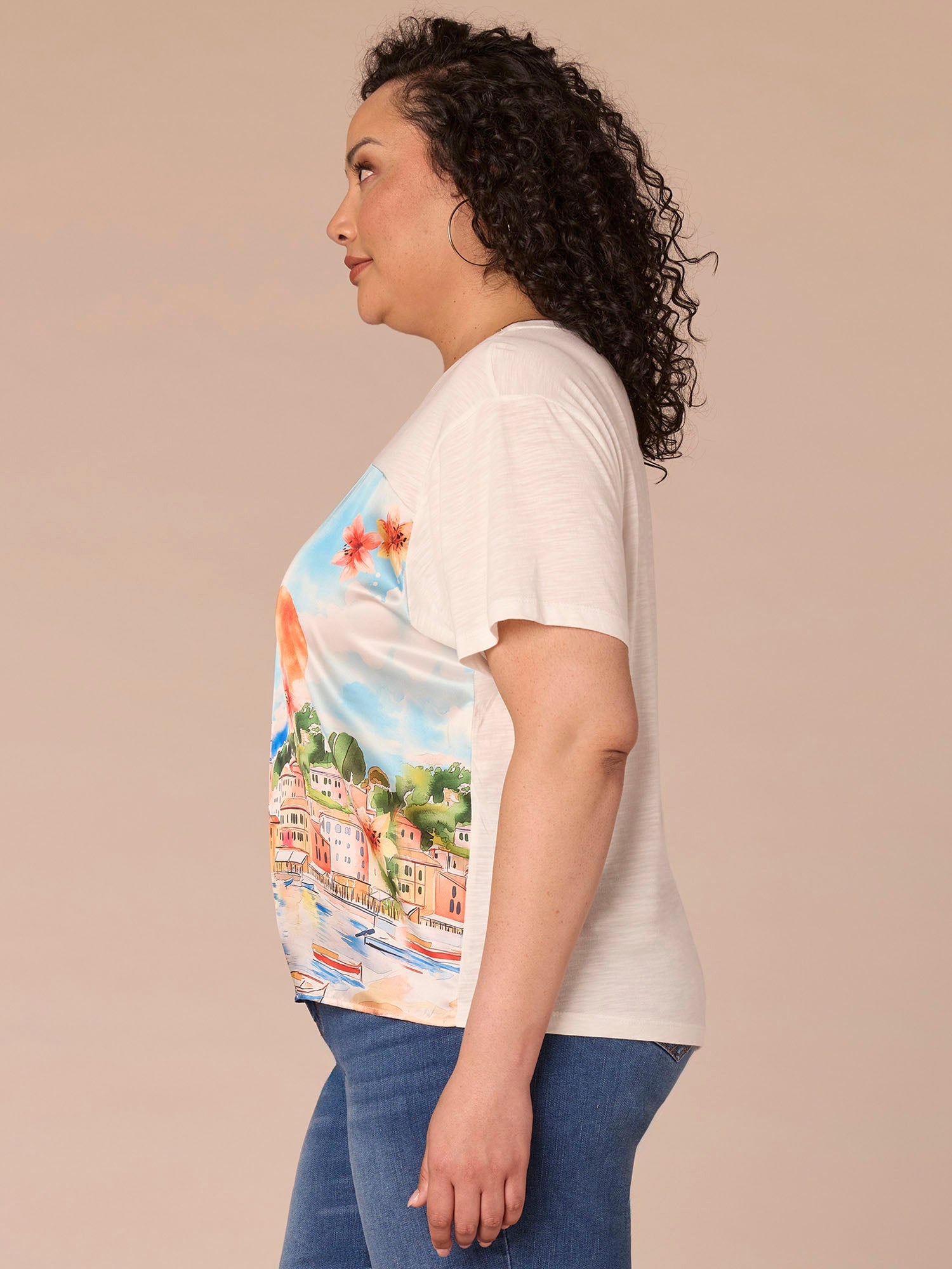 Elbow Sleeve Scoop Neck Side Tie Placement Print Plus Size Knit Top