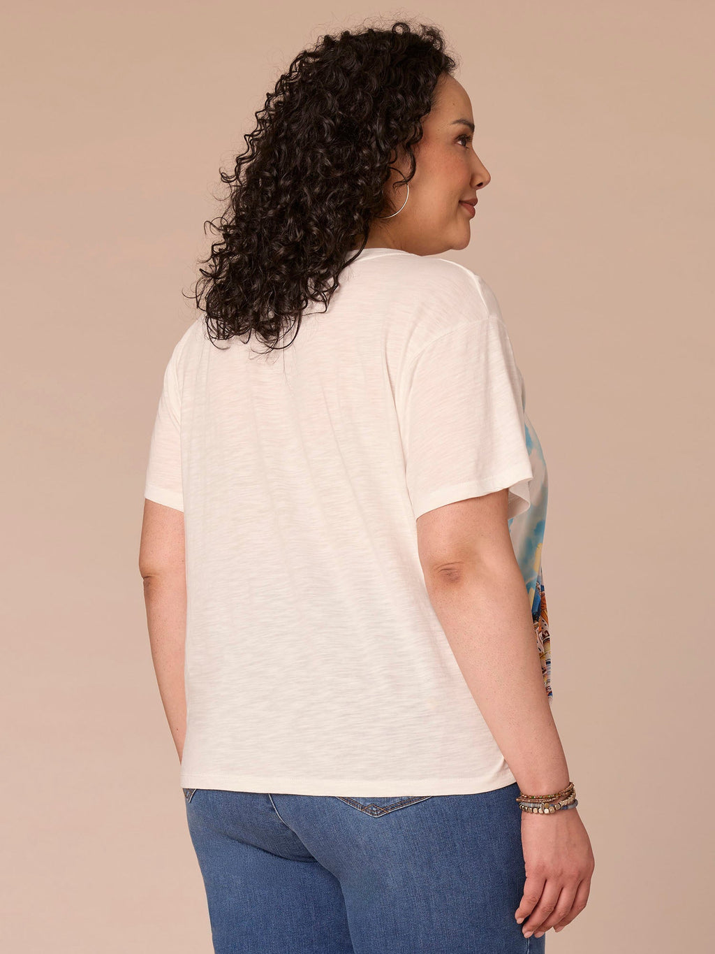 Elbow Sleeve Scoop Neck Side Tie Placement Print Plus Size Knit Top