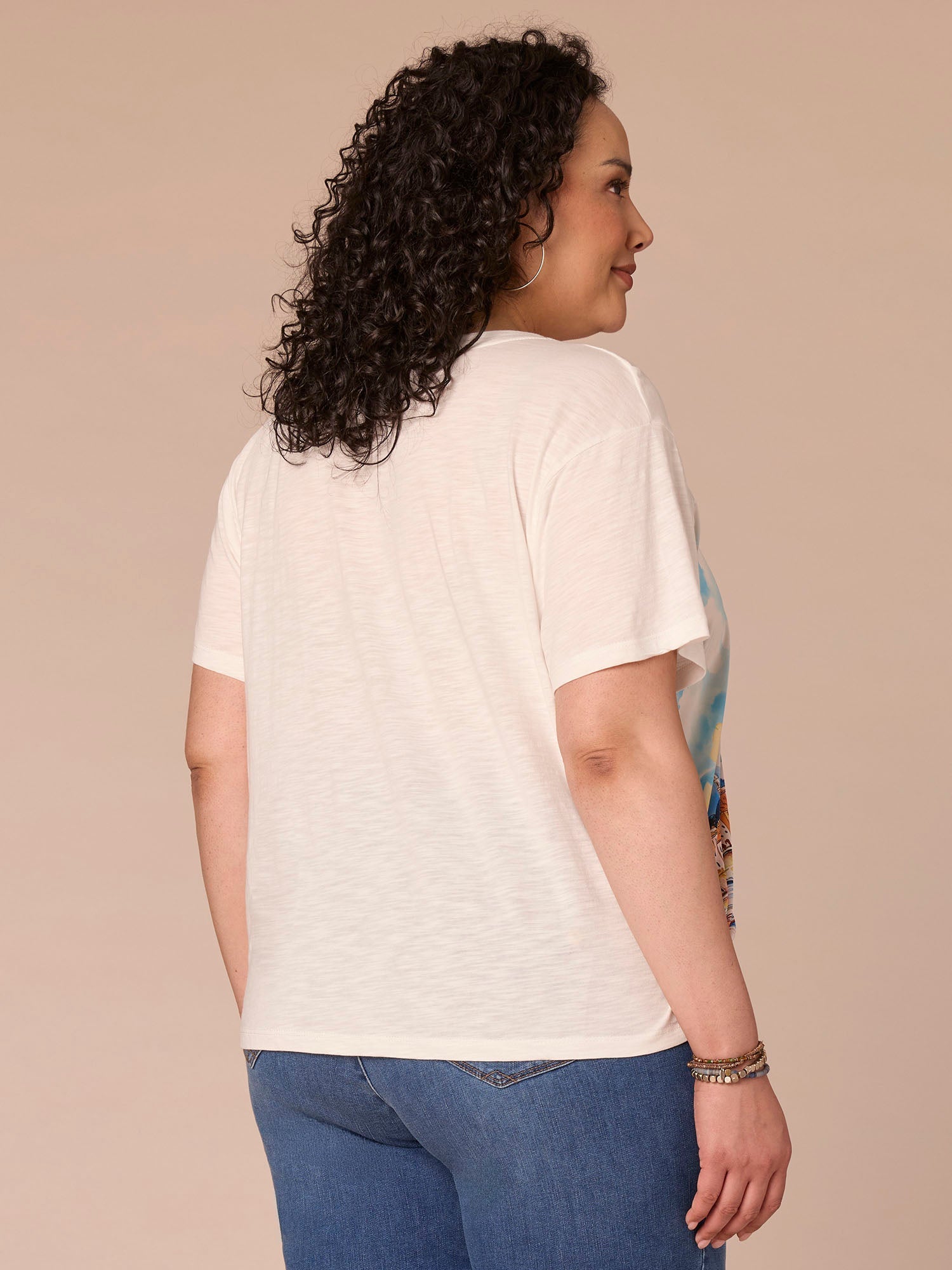 Elbow Sleeve Scoop Neck Side Tie Placement Print Plus Size Knit Top